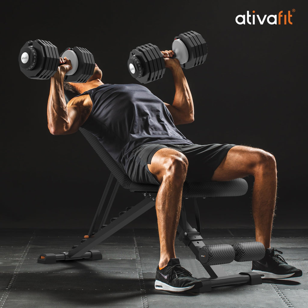 ATIVAFIT Adjustable Dumbbell Set with Workout Bench, 50/66/88 LB Pair with Quick Dial Adjustment & Safety Lock, Foldable Adjustable Weight Bench for Full Body Home Gym Strength Training, Space-Saving Fitness Equipment