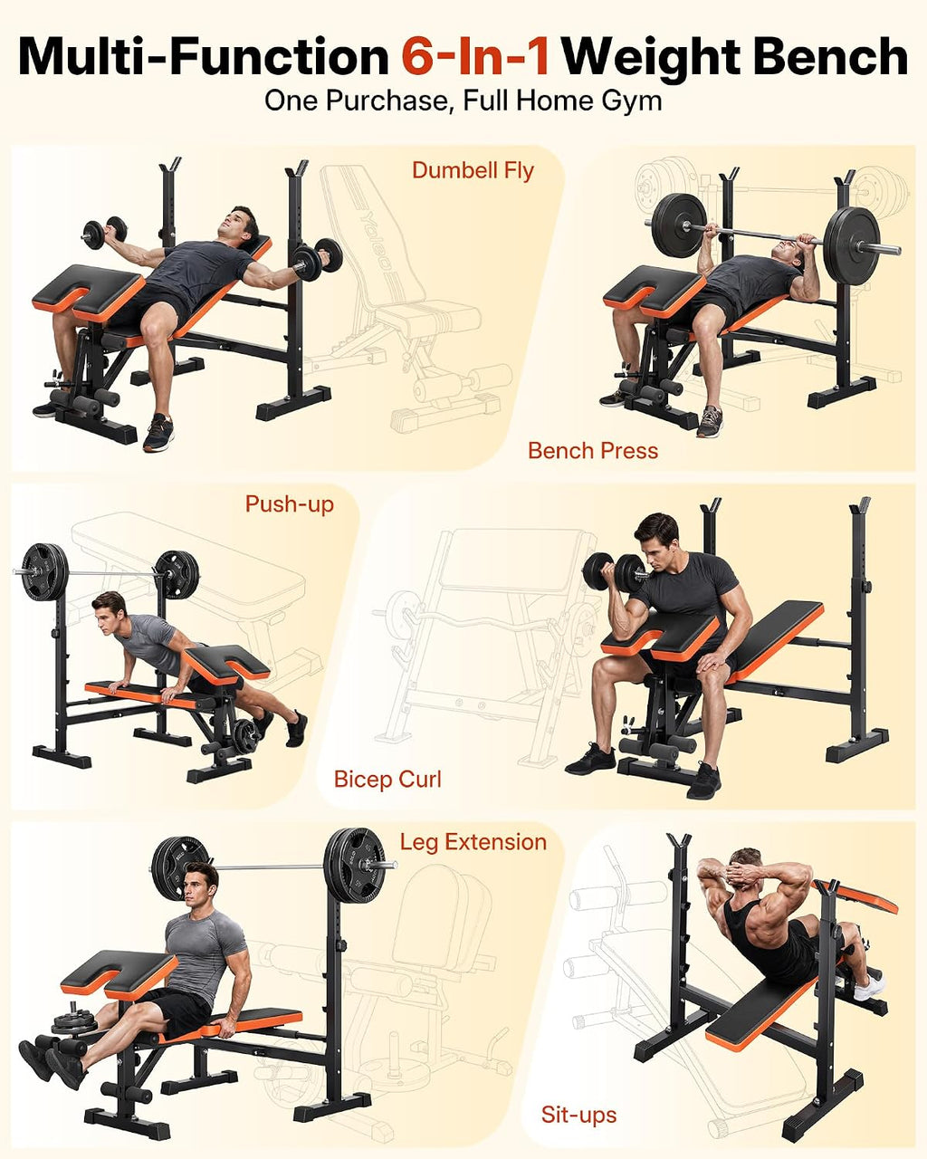 YOLEO 6-in-1 Weight Bench Set, 880LBS Adjustable Bench with Rack & Curl Pad