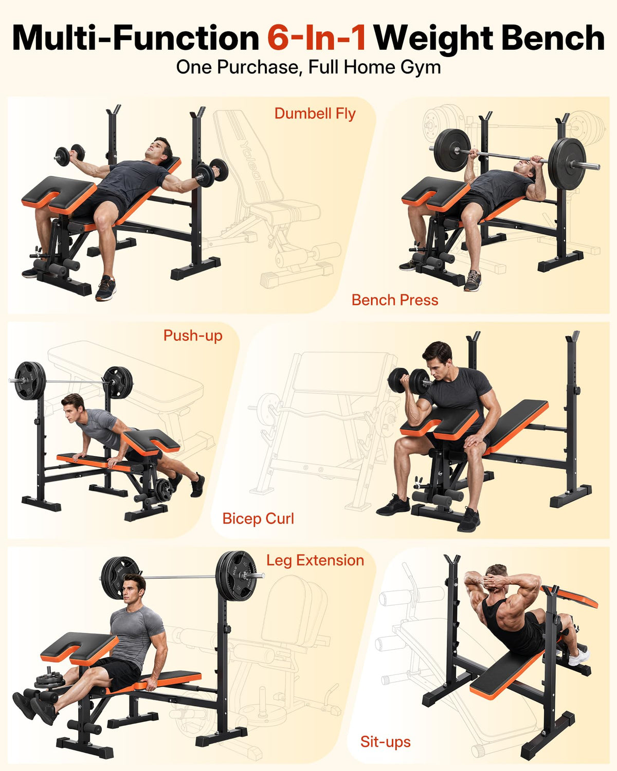 YOLEO 6-in-1 Weight Bench Set, 880LBS Adjustable Bench with Rack & Curl Pad