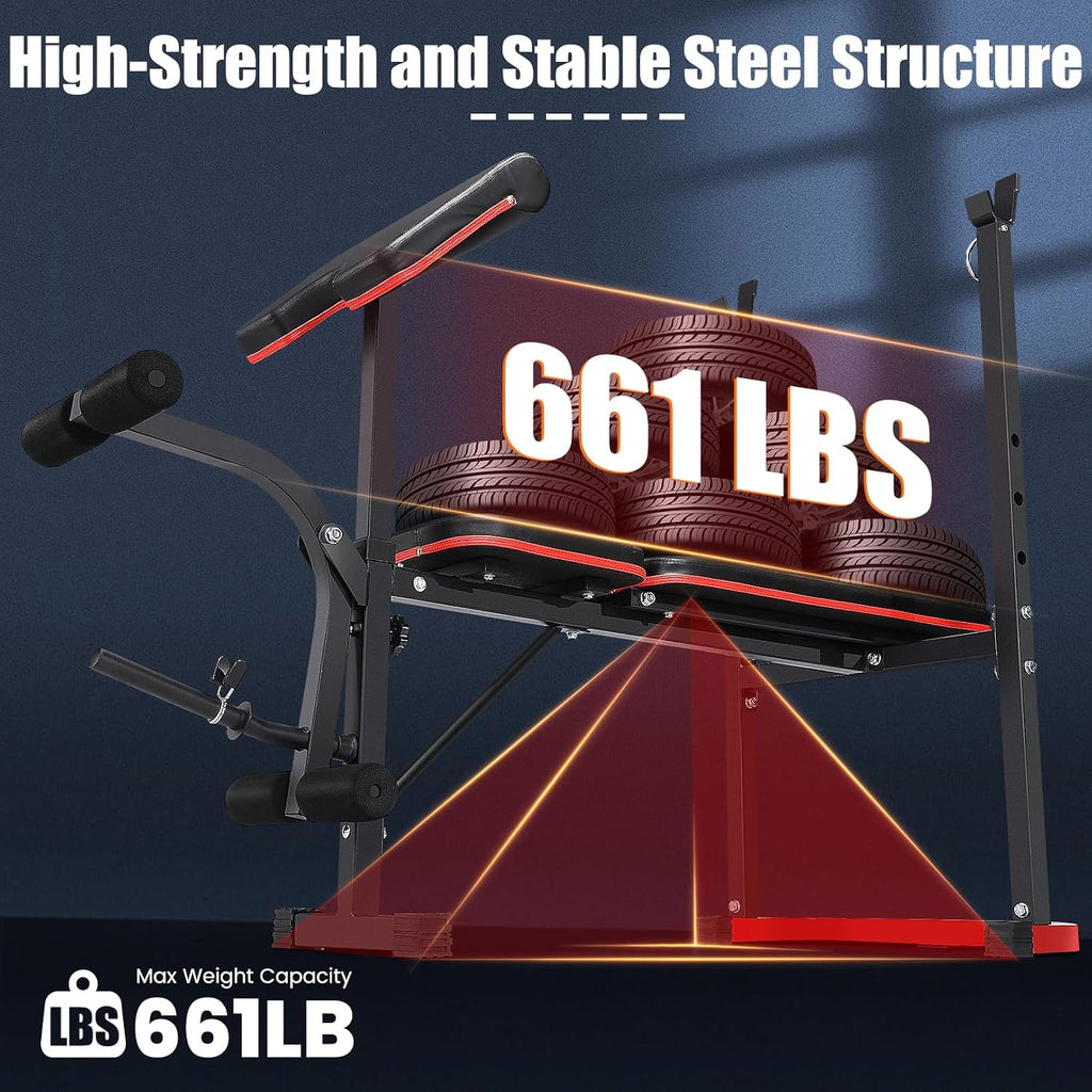 OPPSDECOR 661LBS Weight Bench Set, 8 in 1 Adjustable Bench Press with Squat Rack Leg Extension & Leg Curl Foldable Workout Bench with Safety Bar Catches Standard Weight Training Benches for Home Gym