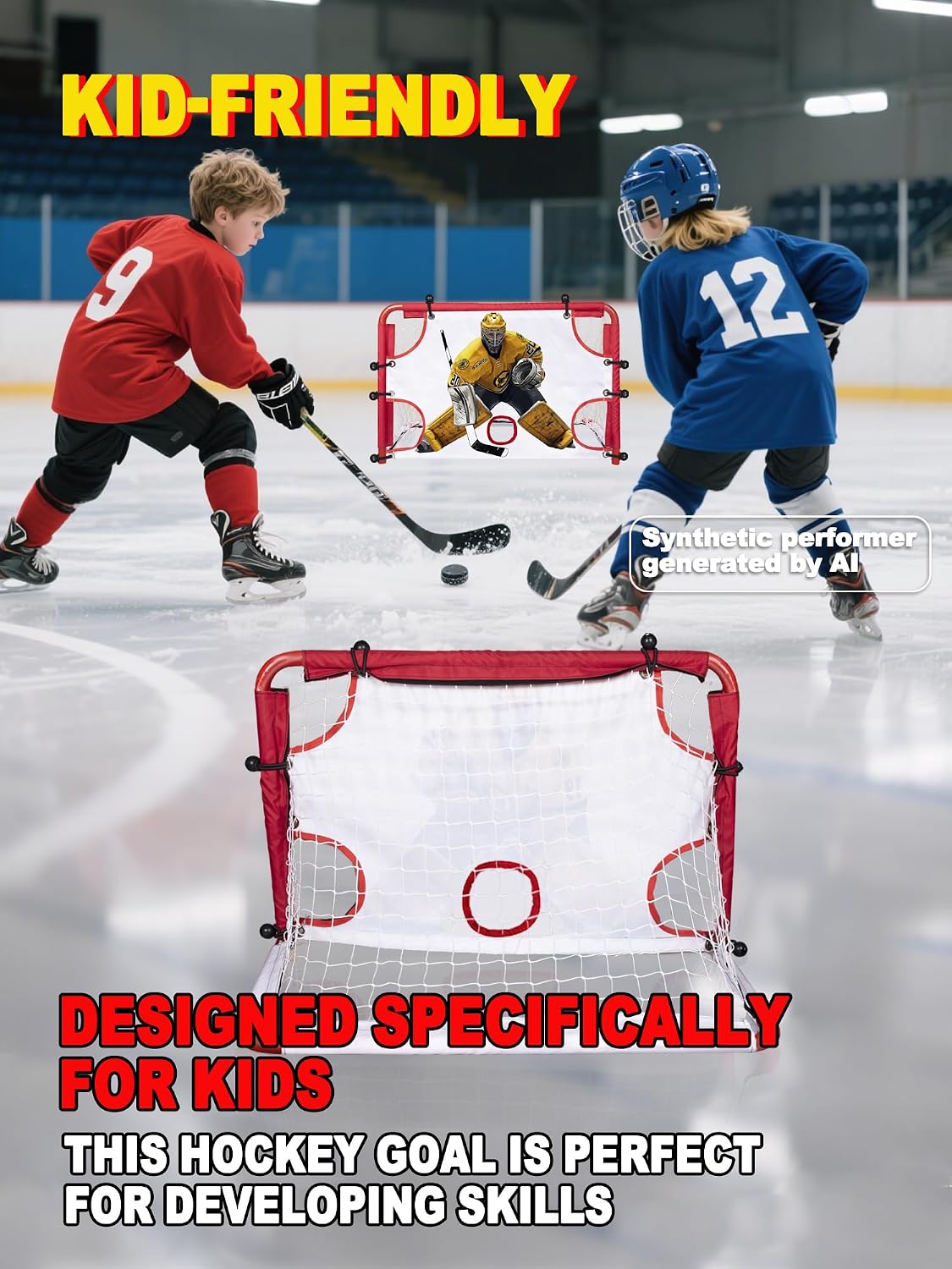 kasifei Mini Steel Hockey Net Set, 2 Pack 30" x 20" Heavy Duty Knee Hockey Net with Shooter Tutor for Kids