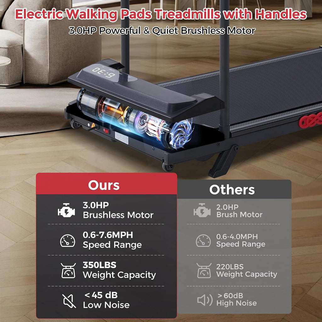 MCRG Portable Walking Pad Treadmill with Handle Bar Incline for Home Small, 3.5HP Electric Walking Pad Treadmill with Incline, Compact Mini Treadmill with Handles for Exercising, 0.6-10MPH, 400LBS