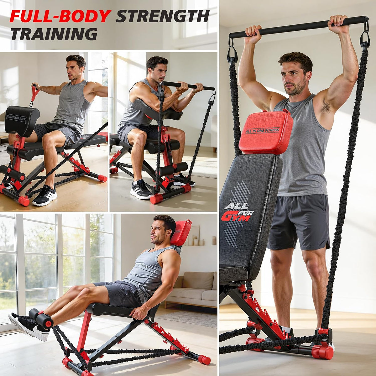 XDDIAS Workout Bench, Foldable Weight Bench with Variable Resistance Training Set, 880LBS Adjustable Bench with Leg Extension, Preacher Curl, Extended Headrest, Incline Decline Flat Bench for Strength Training