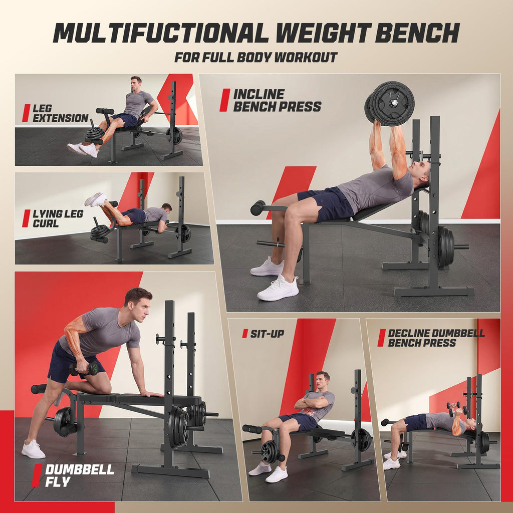 OPPSDECOR 661LBS Weight Bench Set, 8 in 1 Adjustable Bench Press with Squat Rack Leg Extension & Leg Curl Foldable Workout Bench with Safety Bar Catches Standard Weight Training Benches for Home Gym