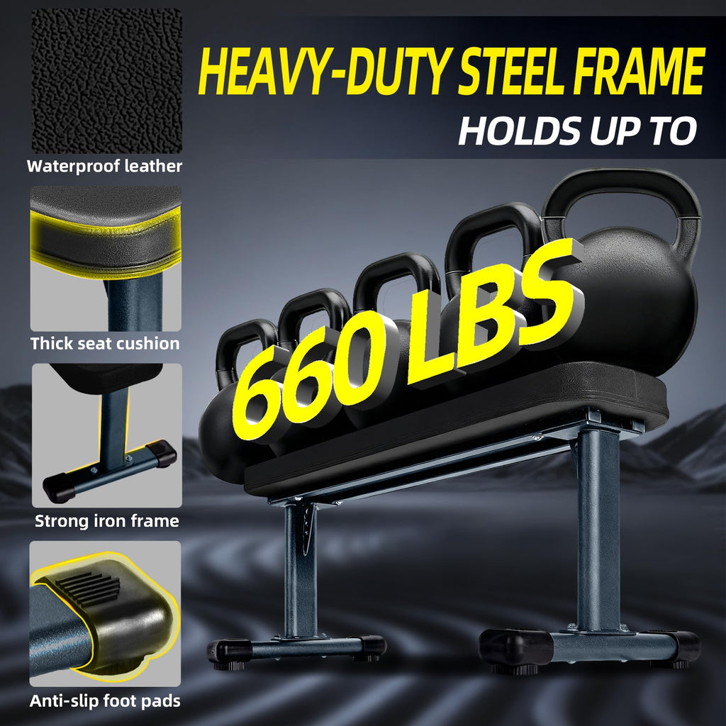 Flat Weight Bench, 2.4 Inch Thick Pad Workout Bench 660 LBS Bench Press Exercise Equipment for Home Gym Strength Weight Training