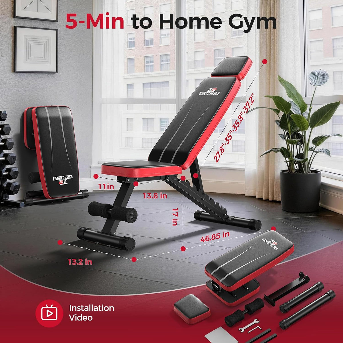 Nicepeople Adjustable Weight Bench up to 6'2", Dual-Support & ASTM-Tested Workout Bench & 10 Backrests for Chest Shoulders Arms for Home Gym, 660LBS Capacity but Compact and Foldable Strength Bench Apartment Room