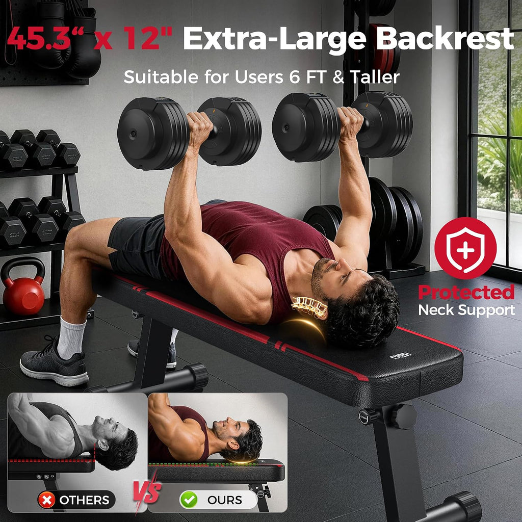 FLYBIRD Foldable Flat Weight Bench for Home Gym, 1000 lbs Capacity with Dual Locking for Strength Training, Easy Setup & Storage for Small Apartments, Lifting, Hip Thrust, Dumbbell Workout