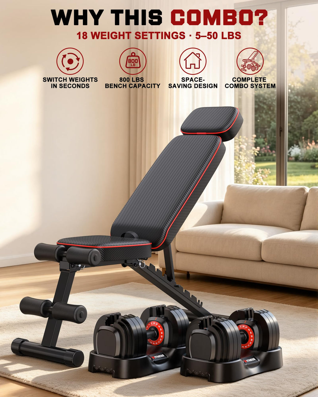 Rendpas Adjustable Dumbbell Set with Workout Bench at Home
