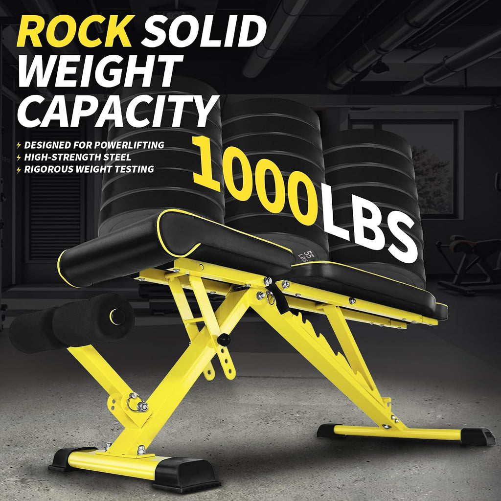 Adjustable Weight Bench,1000 LB Fast Folding Workout Bench for Home Gym Strength Training, Incline Decline Flat Utility Bench Press for Full Body Workout, Upright Storage Yellow Exercise Bench