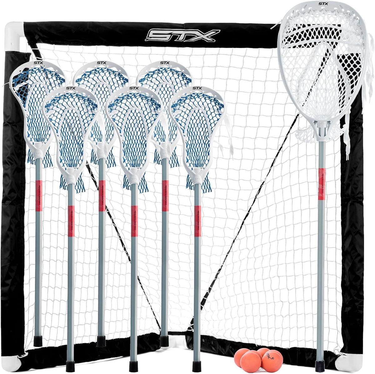 STX FiddleSTX Seven Player Game Set with Six Field Player Sticks One Goalie Stick Mini Goal and Balls