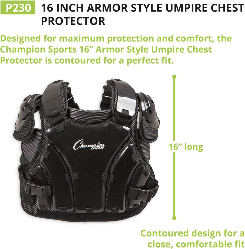 Champion Sports Umpire Chest Protector: 3 Millimeter Molded Plate Armor Style Softball & Baseball Chest Protector - 16" - Black
