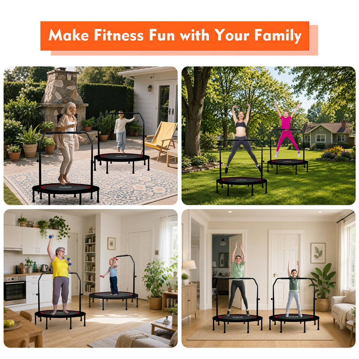 RAVS 40/48" Foldable Rebounder Trampoline for Adults, Handlebar, Indoor