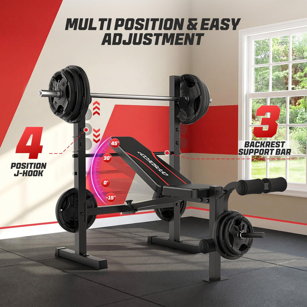 OPPSDECOR 661LBS Weight Bench Set, 8 in 1 Adjustable Bench Press with Squat Rack Leg Extension & Leg Curl Foldable Workout Bench with Safety Bar Catches Standard Weight Training Benches for Home Gym