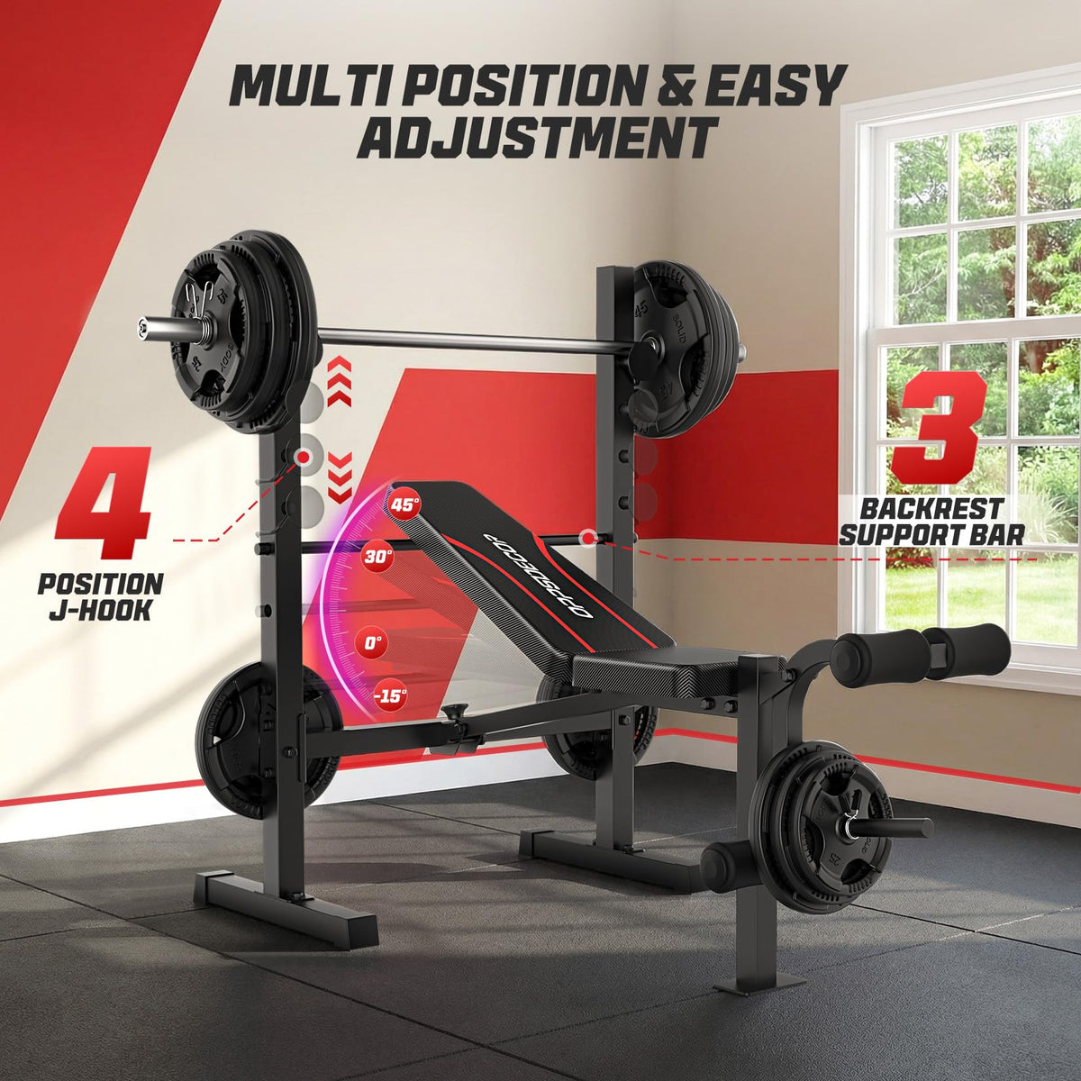 OPPSDECOR 661LBS Weight Bench Set, 8 in 1 Adjustable Bench Press with Squat Rack Leg Extension & Leg Curl Foldable Workout Bench with Safety Bar Catches Standard Weight Training Benches for Home Gym