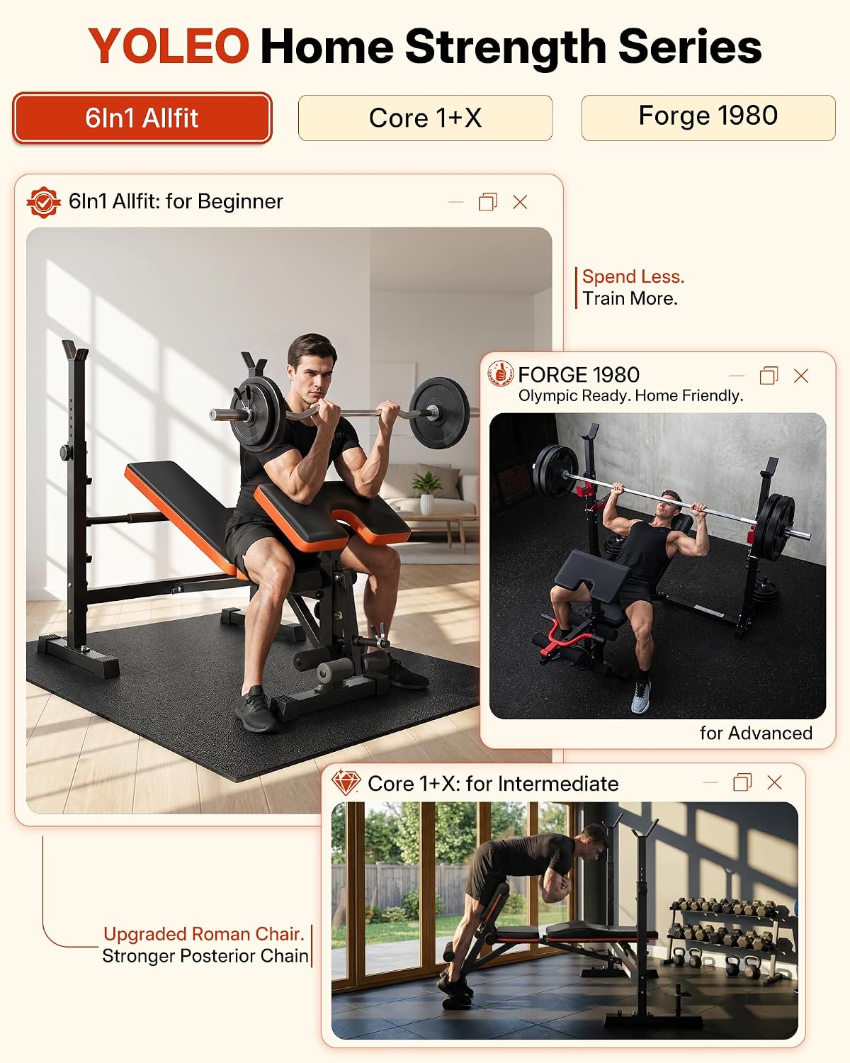 YOLEO 6-in-1 Weight Bench Set, 880LBS Adjustable Bench with Rack & Curl Pad