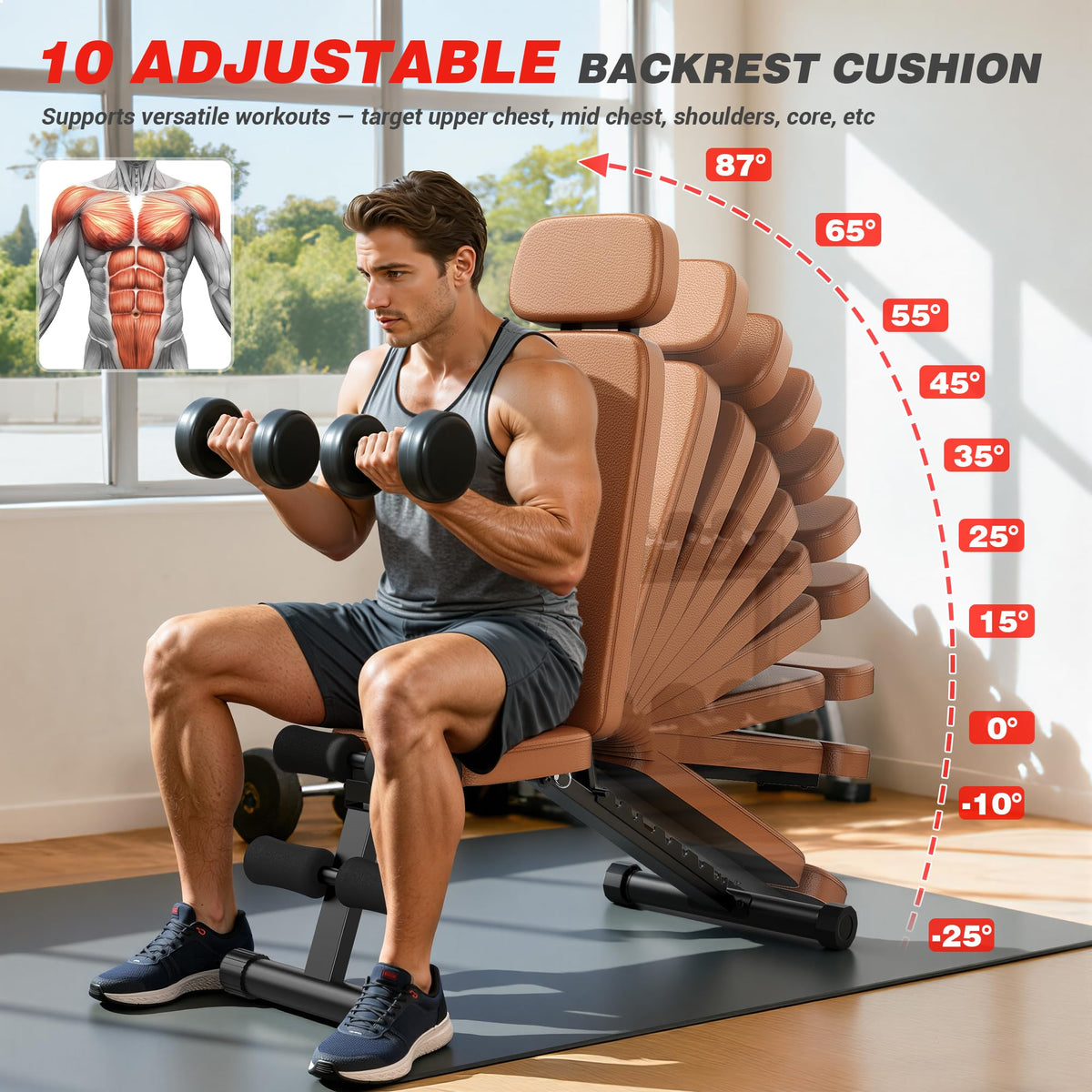 XDDIAS Workout Bench, 10 Backrests Adjustable Weight Bench with Extended Headrest, 800LBS Foldable Weight Bench for Home Gym, Incline Decline Flat Bench Compact for Small Space Training