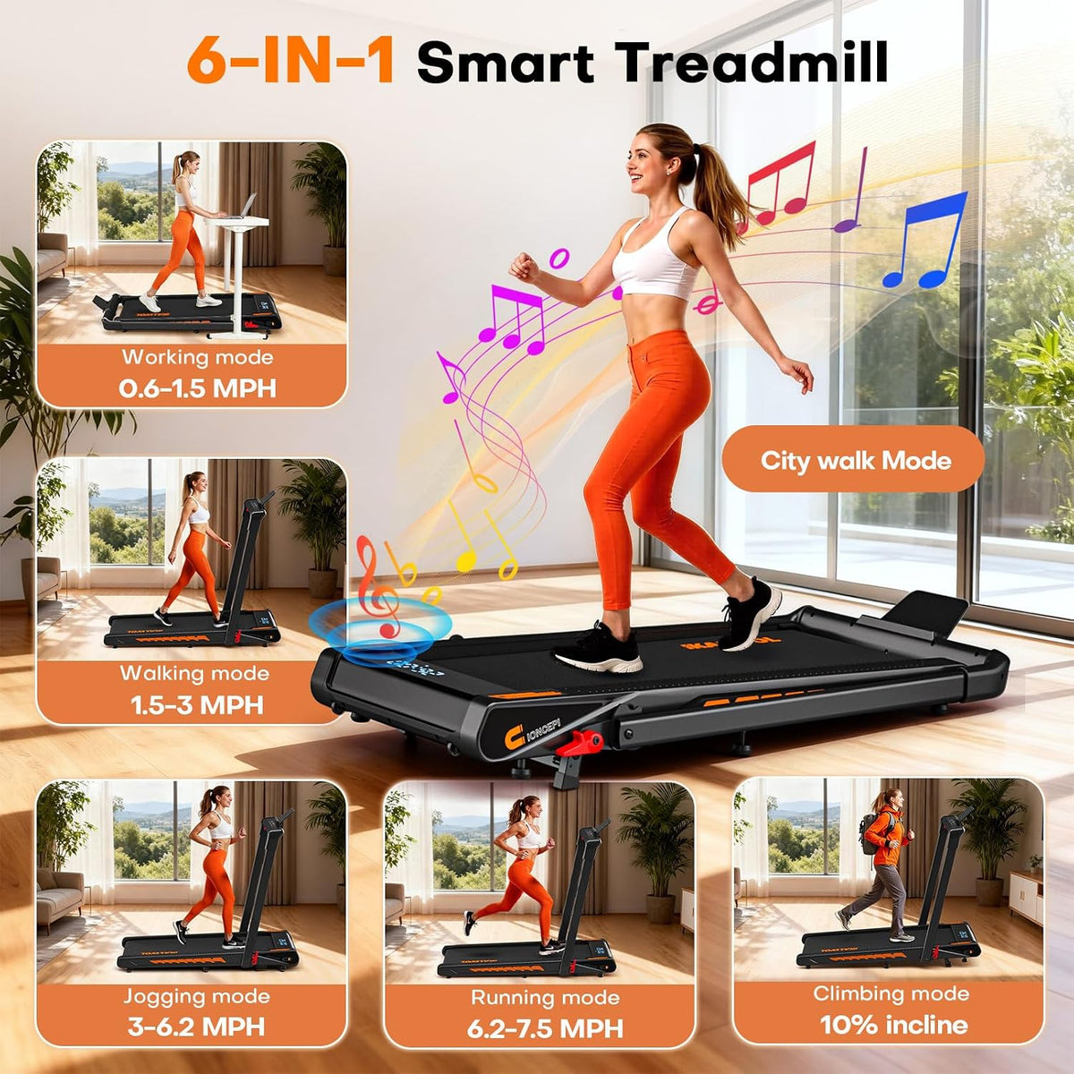 Treadmill with Speaker, 6-in-1 7.5MPH Foldable Treadmill for Home with App Compatible, Walking Pad with 10% Incline, LED Display, 3.0HP Brushless Drive, 350 LB Weight Capacity, 12 HIIT Programs