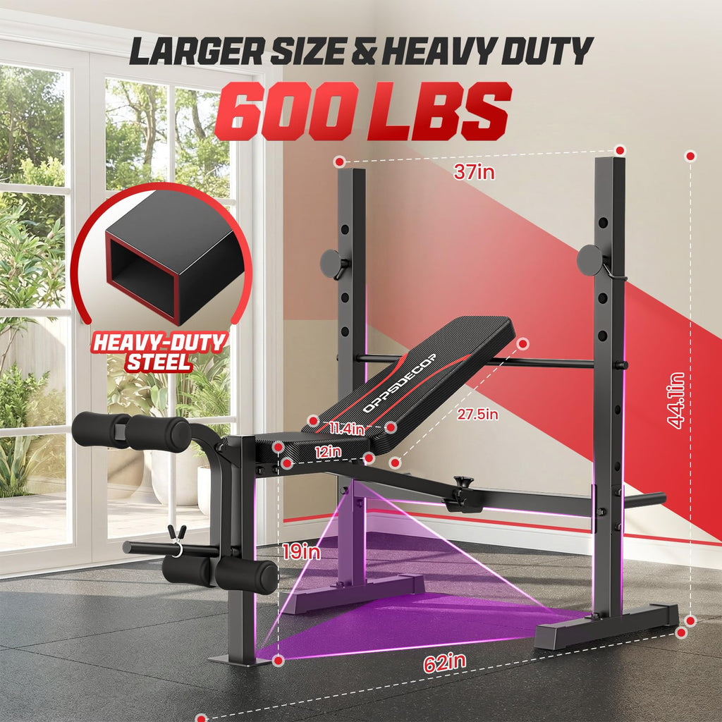 OPPSDECOR 661LBS Weight Bench Set, 8 in 1 Adjustable Bench Press with Squat Rack Leg Extension & Leg Curl Foldable Workout Bench with Safety Bar Catches Standard Weight Training Benches for Home Gym