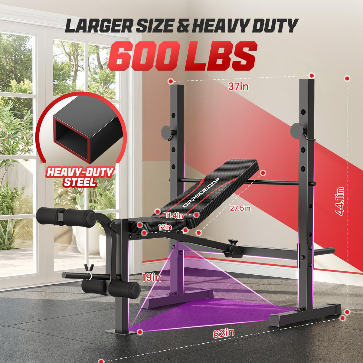 OPPSDECOR 661LBS Weight Bench Set, 8 in 1 Adjustable Bench Press with Squat Rack Leg Extension & Leg Curl Foldable Workout Bench with Safety Bar Catches Standard Weight Training Benches for Home Gym