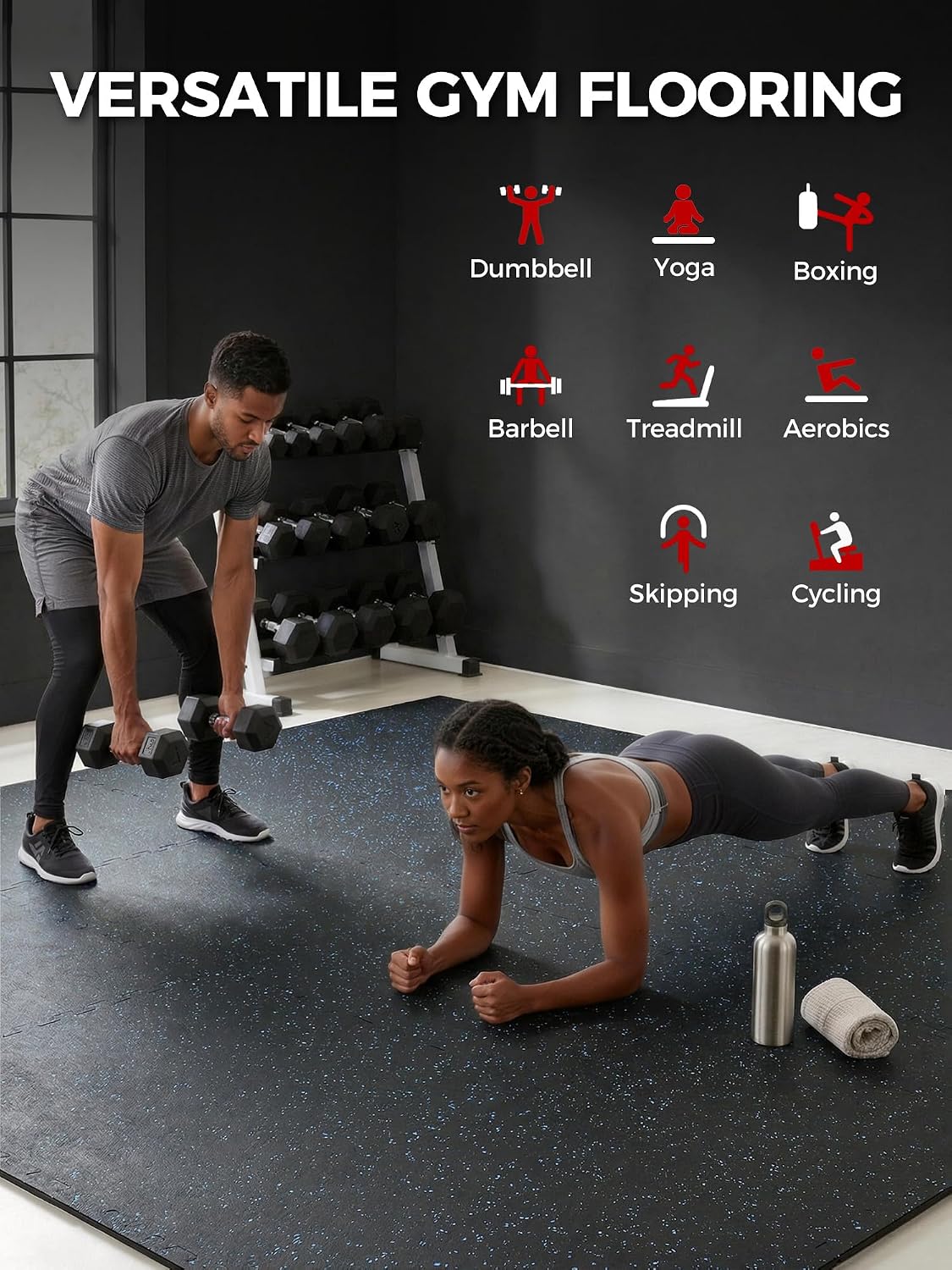 0.56in Thick 48 Sq Ft Exercise Equipment Mats, 12 Tiles Rubber Top EVA Foam Workout Mats, Interlocking Gym Flooring for Home Gym, 24 x 24in, Black & Blue