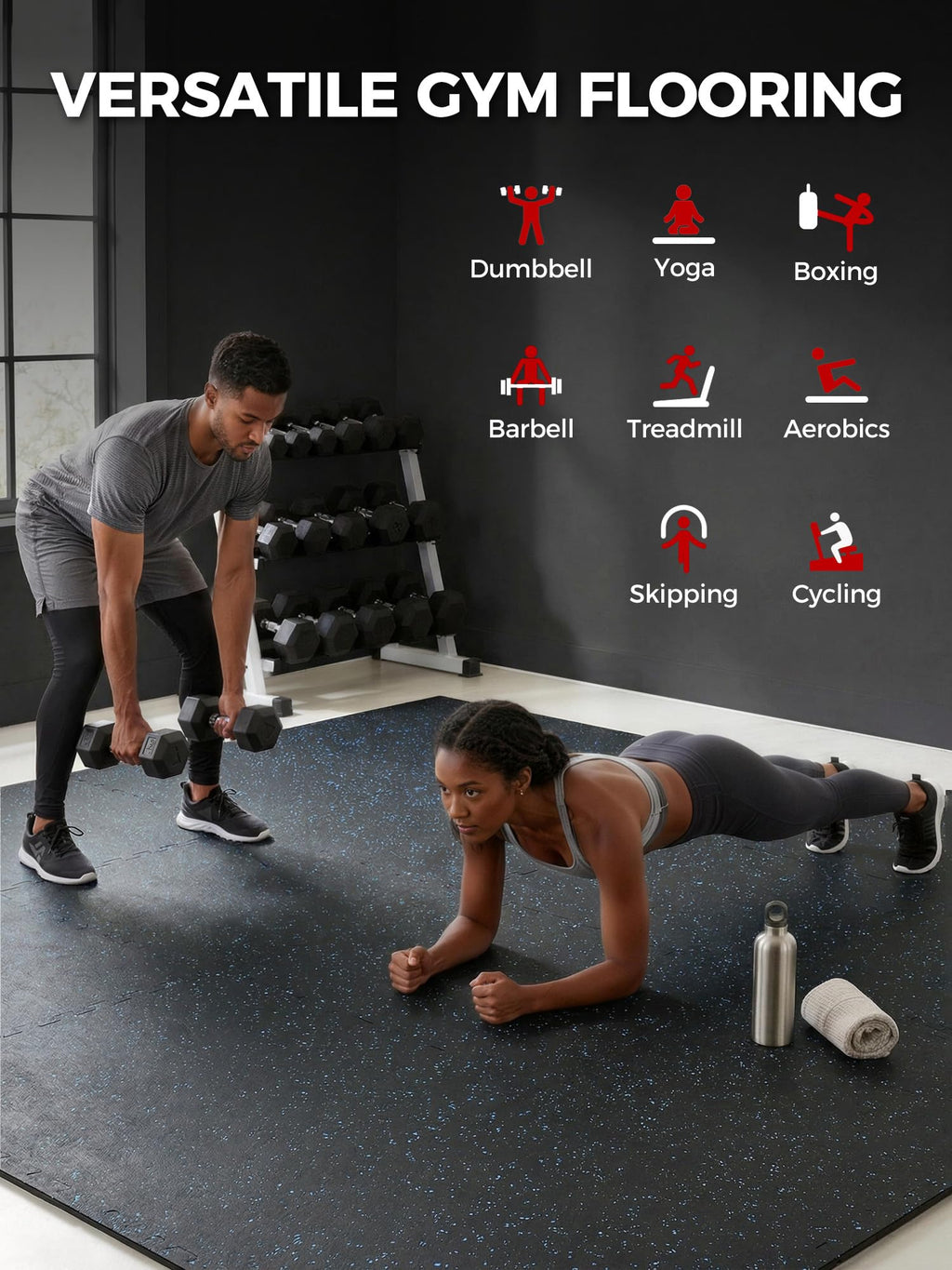0.56in Thick 48 Sq Ft Exercise Equipment Mats, 12 Tiles Rubber Top EVA Foam Workout Mats, Interlocking Gym Flooring for Home Gym, 24 x 24in, Black & Blue