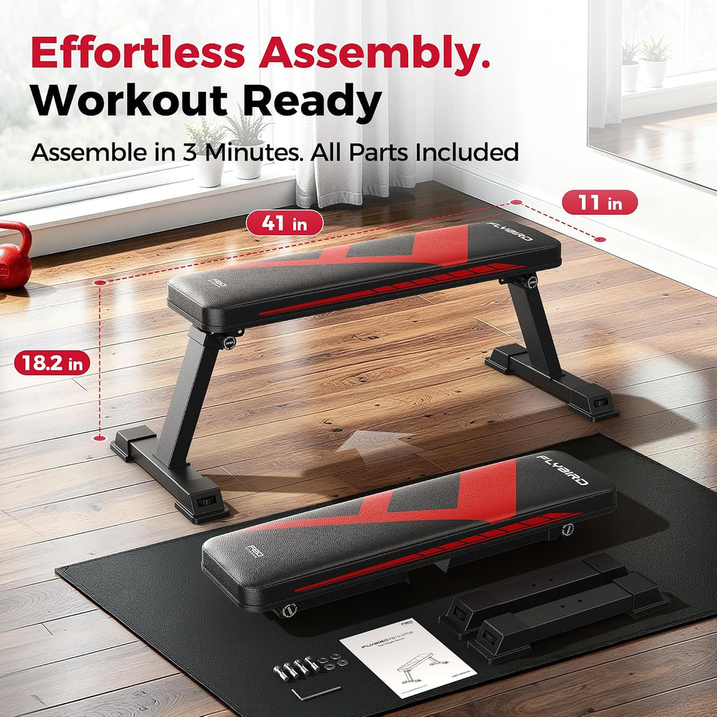FLYBIRD Foldable Flat Weight Bench for Home Gym, 600 lbs Capacity with Dual Locking for Strength Training, Easy Setup & Storage for Small Apartments, Lifting, Hip Thrust, Dumbbell Workout