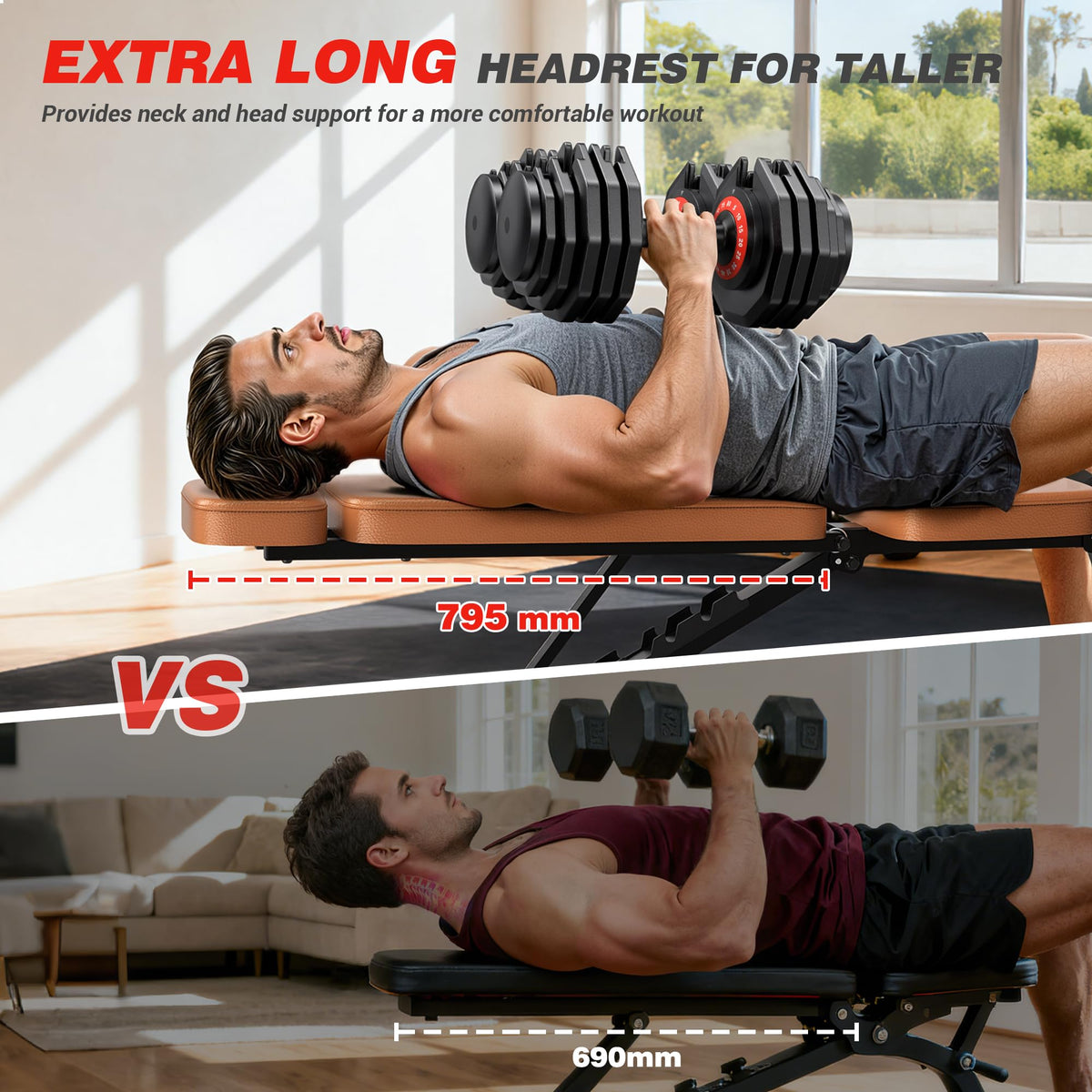 XDDIAS Workout Bench, 10 Backrests Adjustable Weight Bench with Extended Headrest, 800LBS Foldable Weight Bench for Home Gym, Incline Decline Flat Bench Compact for Small Space Training