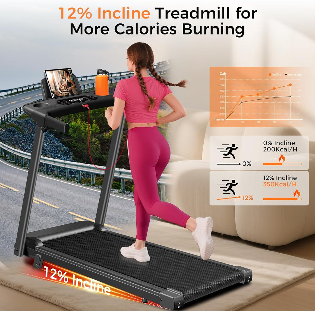 Aiteid Treadmill with 12% Incline, 3.0HP Low Noise Treadmills for Home, Portable Electric Treadmill with Handles, Walking Pad, Compact Running Machine, Walking Pad with Handle, 0.6-6.2MPH