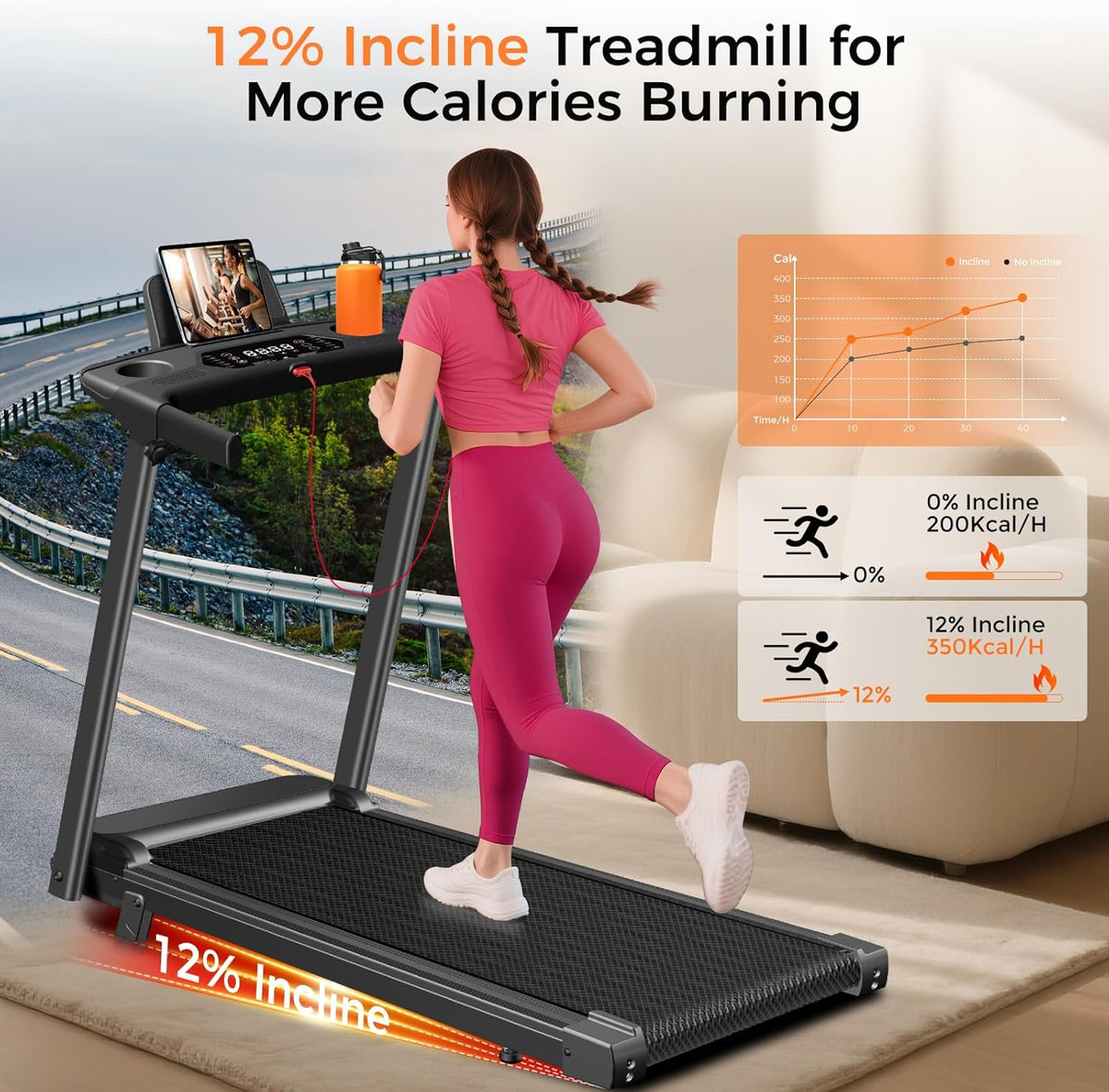 Aiteid Treadmill with 12% Incline, 3.0HP Low Noise Treadmills for Home, Portable Electric Treadmill with Handles, Walking Pad, Compact Running Machine, Walking Pad with Handle, 0.6-6.2MPH