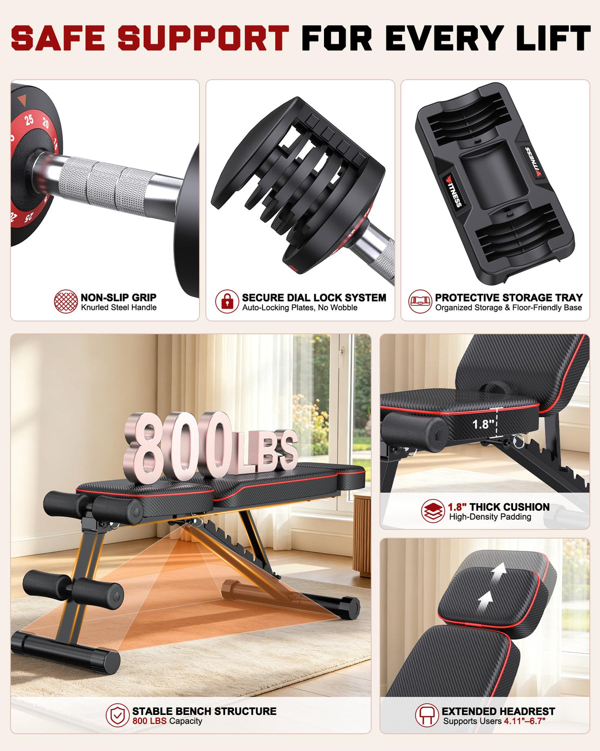 Rendpas Adjustable Dumbbell Set with Workout Bench at Home