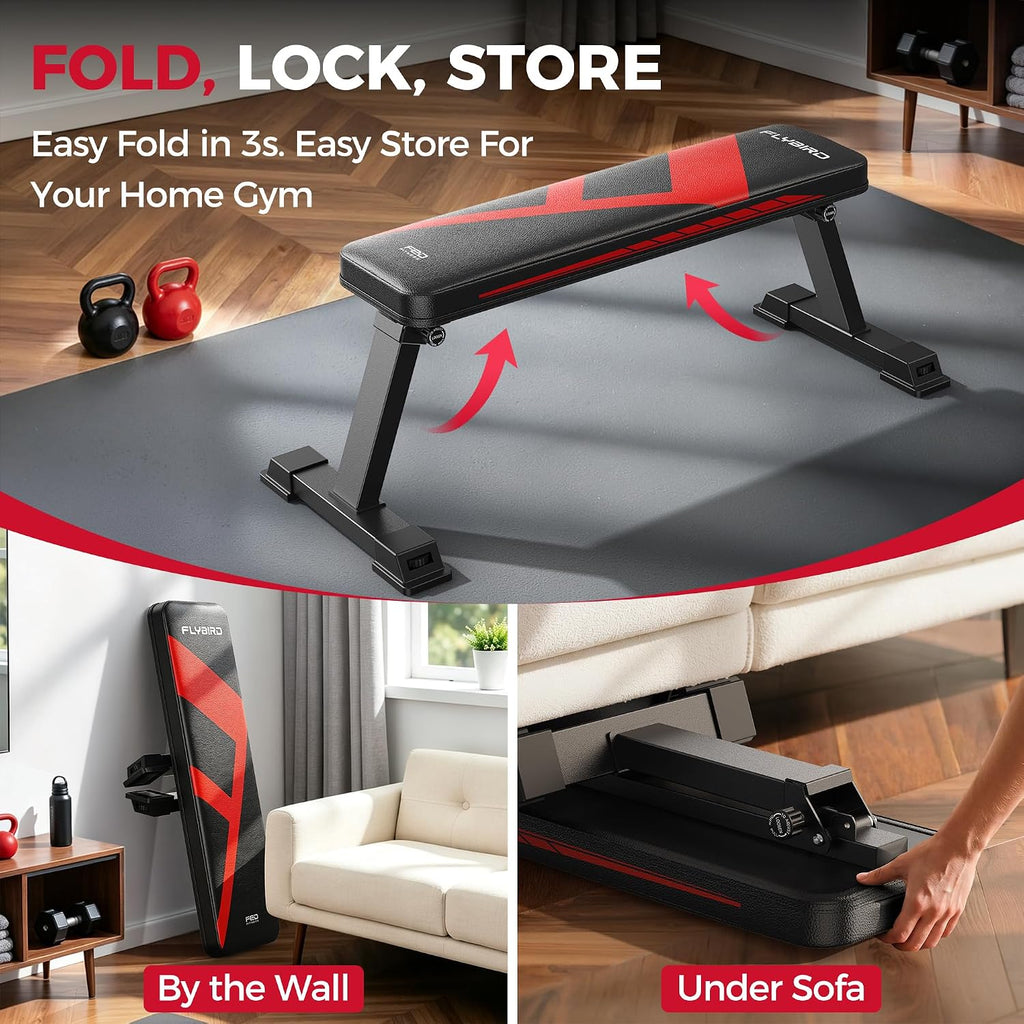 FLYBIRD Foldable Flat Weight Bench for Home Gym, 600 lbs Capacity with Dual Locking for Strength Training, Easy Setup & Storage for Small Apartments, Lifting, Hip Thrust, Dumbbell Workout