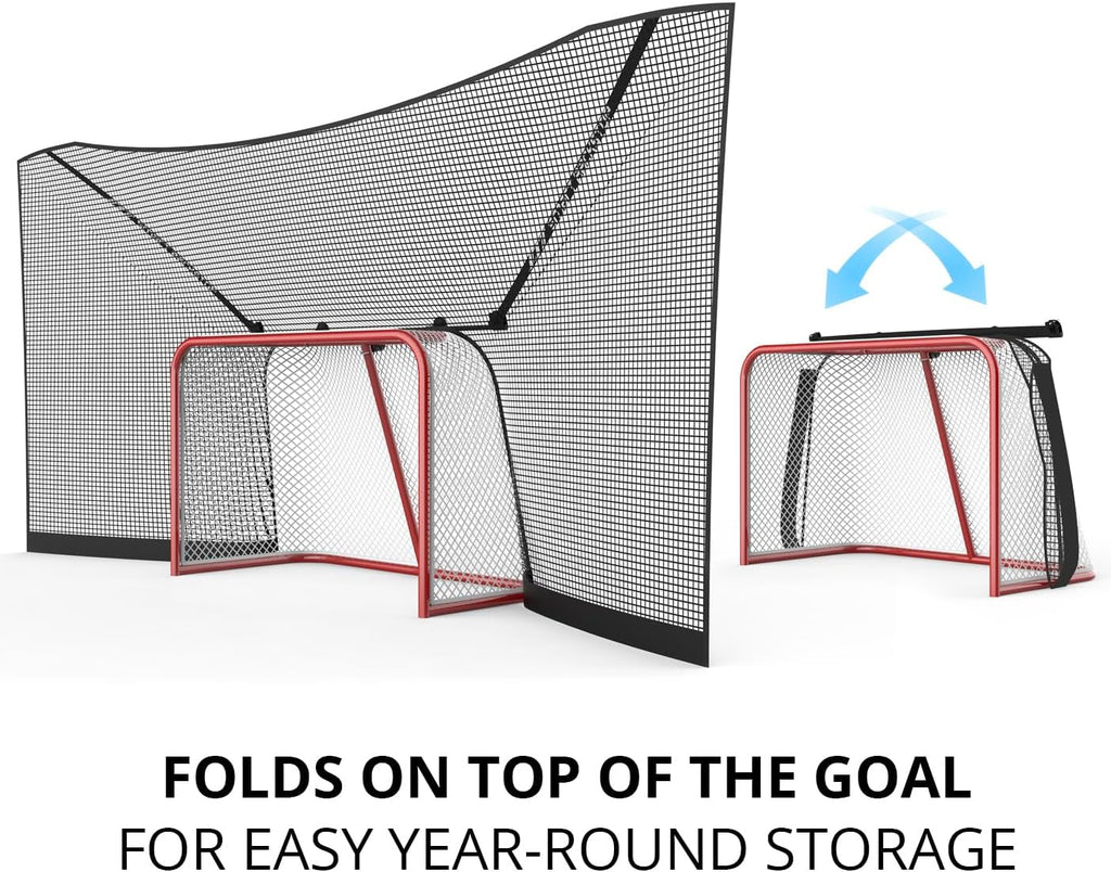 SmartBackstop for Hockey GEN 2, Practice SmartÂ®. Attaches Directly to Goal & Folds Away When not in use, 4 ft of Durable net Coverage on All Sides, fits All Regulation Hockey Goals.