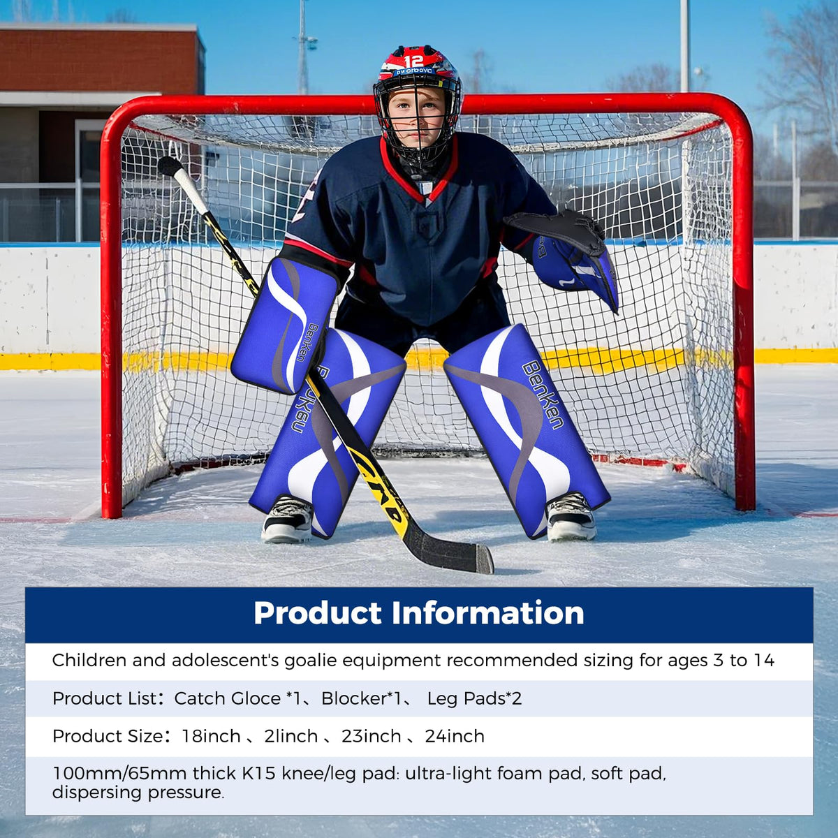 BenKen Street Hockey Goalie Equipment Set, NHL Youth Street Hockey Goalie Pads - Leg Pads, Catch Glove, and Blocker, Youth Goalie Gear
