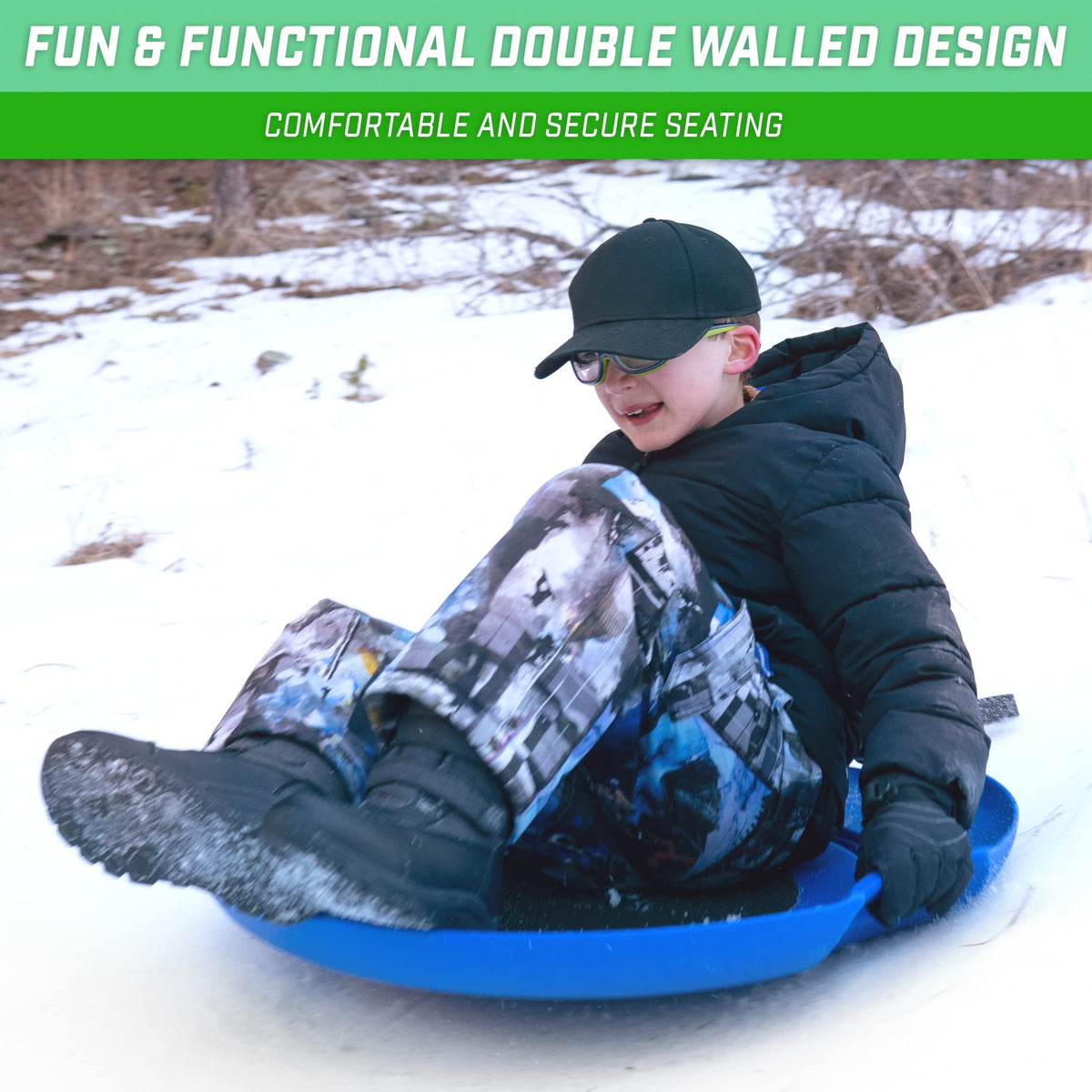 GoSports 29 Inch Heavy-Duty Winter Snow Saucer with Padded Seat and Hand Pull Strap - Choose Your Style
