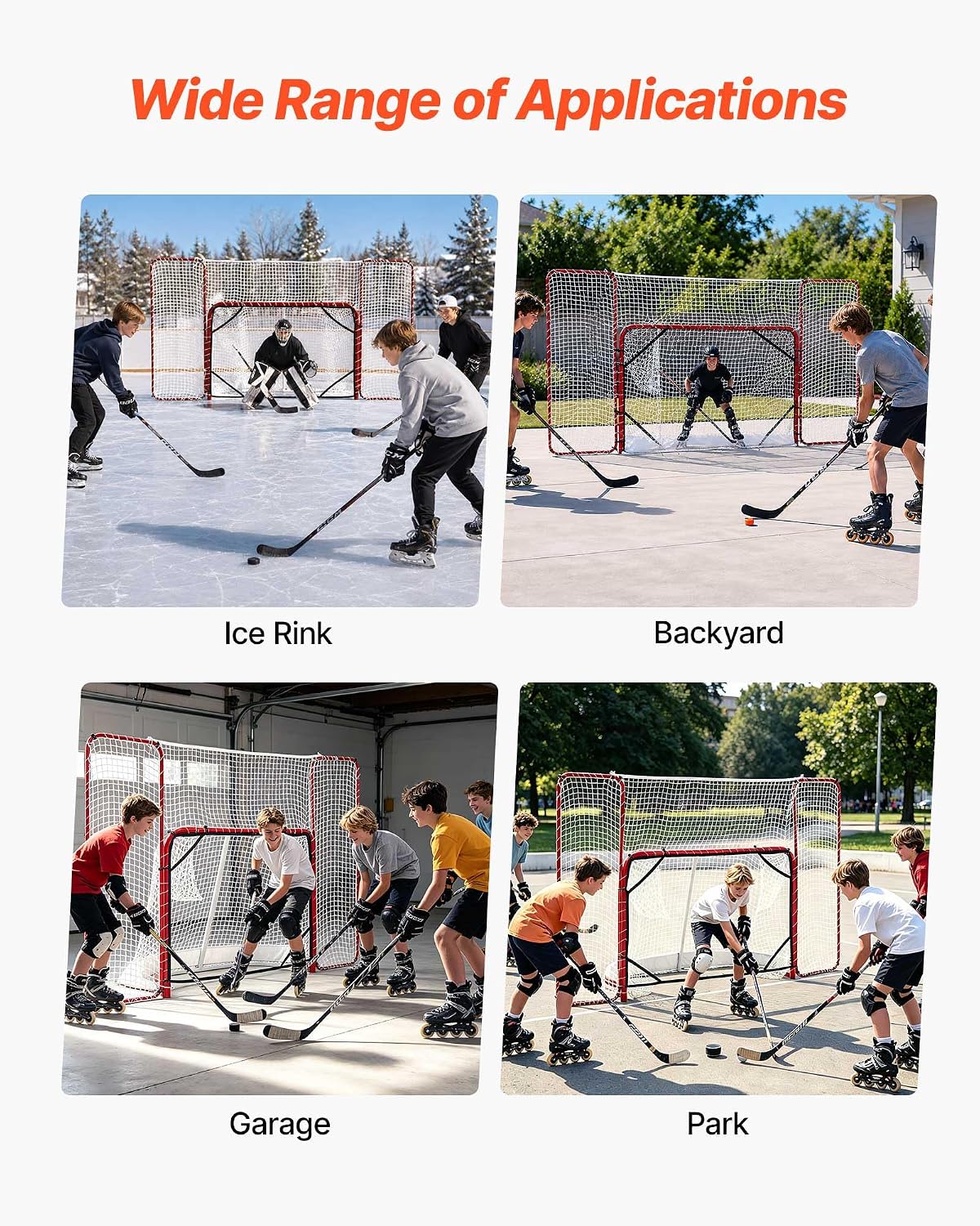 VEVOR Hockey Goal with Backstop and Targets, 10x6FT Street Steel Hockey Goal Set, Pro Lightweight and Portable Training Equipment, Durable Net for Indoor & Outdoor Use, Easy Assembly, White/Red