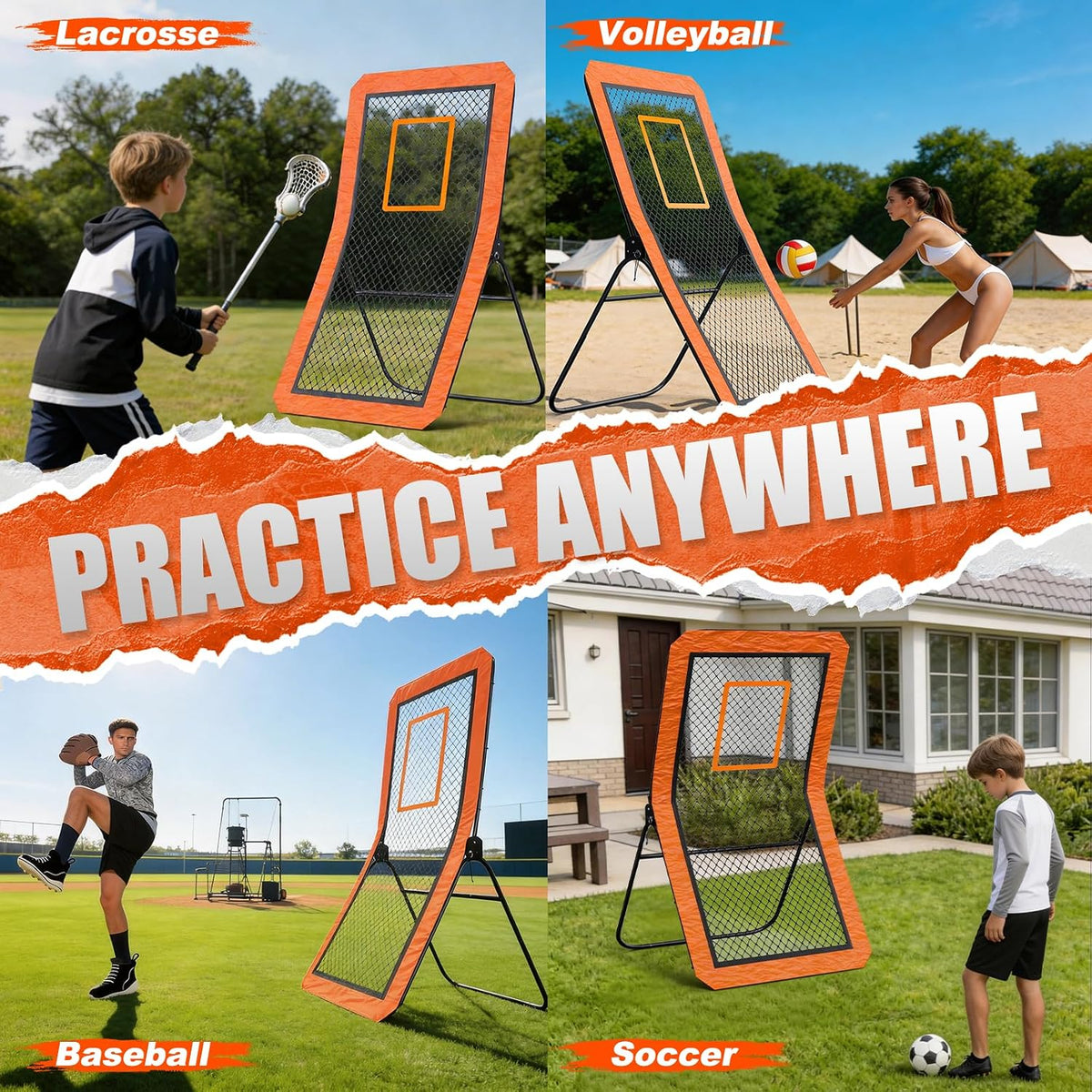 Lacrosse Rebounder net for Backyard, 4x7FT Adjustable Net with 5 Angles & Target Stripe,Durable Multi-Sport Practice Tool for Soccer Baseball Volleyball Training Equipment