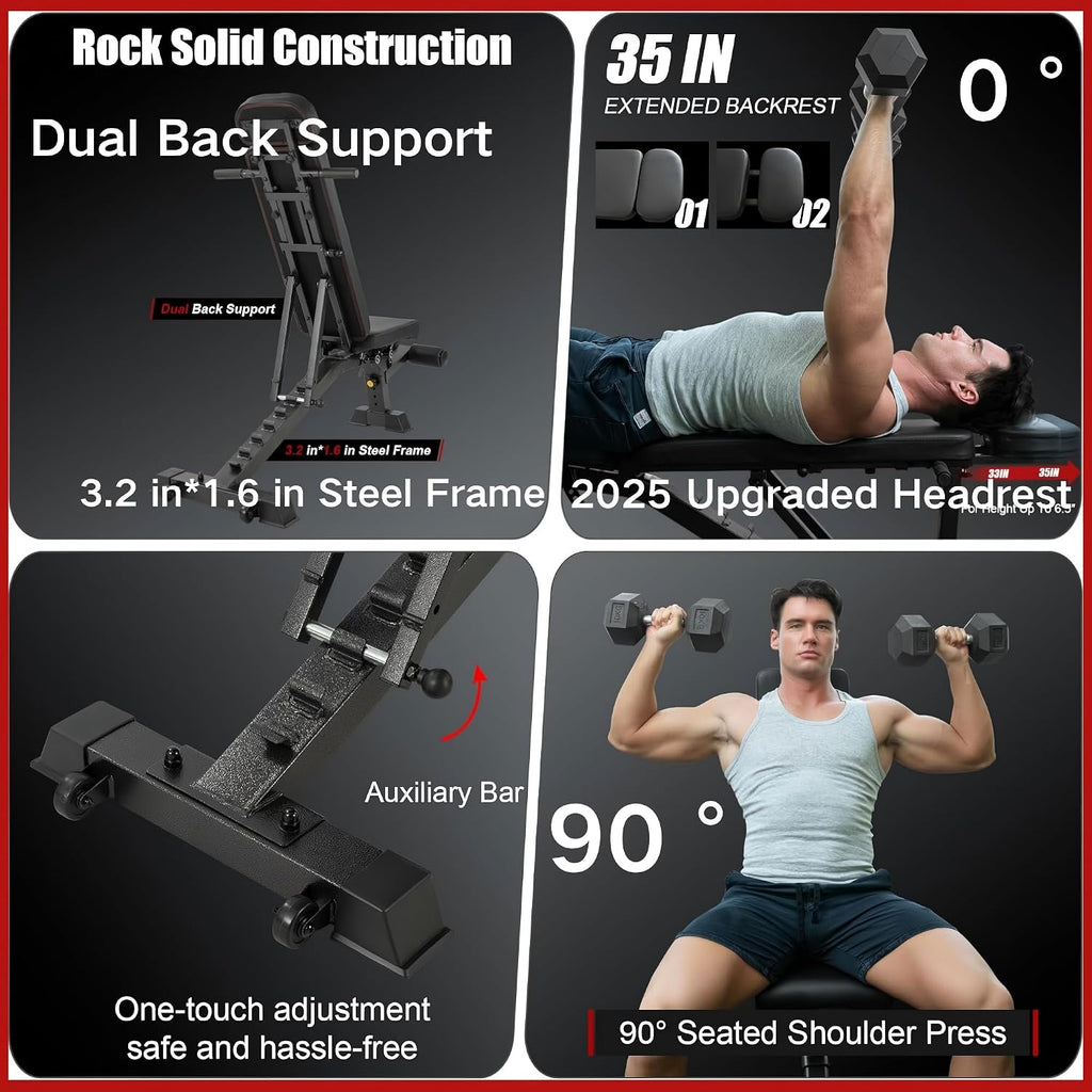 YOUTEN 1300 LB Weight Bench With Headrest Heavy Capacity | 9-4-4 90Â° Adjustable Incline Decline Exercise Chair for Home Gym More Stable and Durable | Foldable Training Lifting Bench | Dragon Flag Handle for Abdominal Arm Workout 2025 New Version