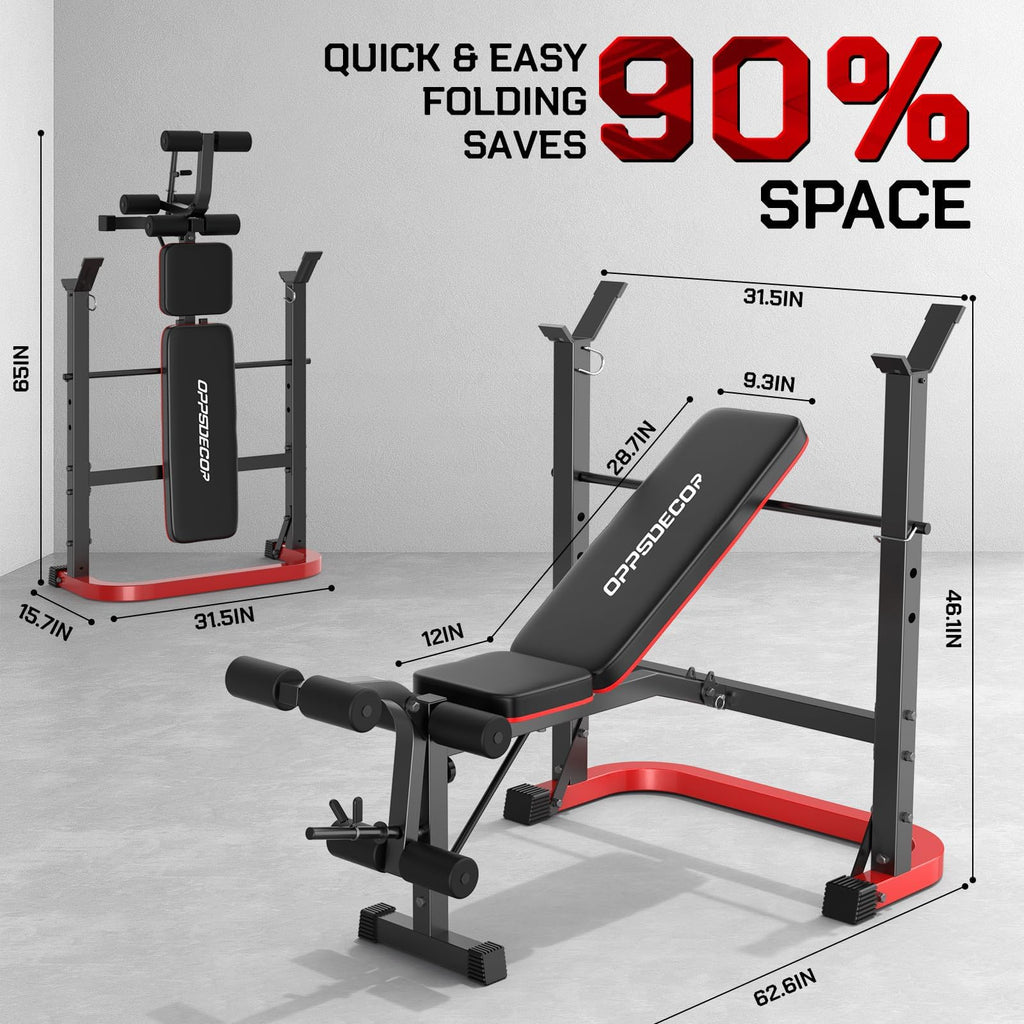 OPPSDECOR Foldable Weight Bench Set with Leg Extension and Curl, Squat Rack