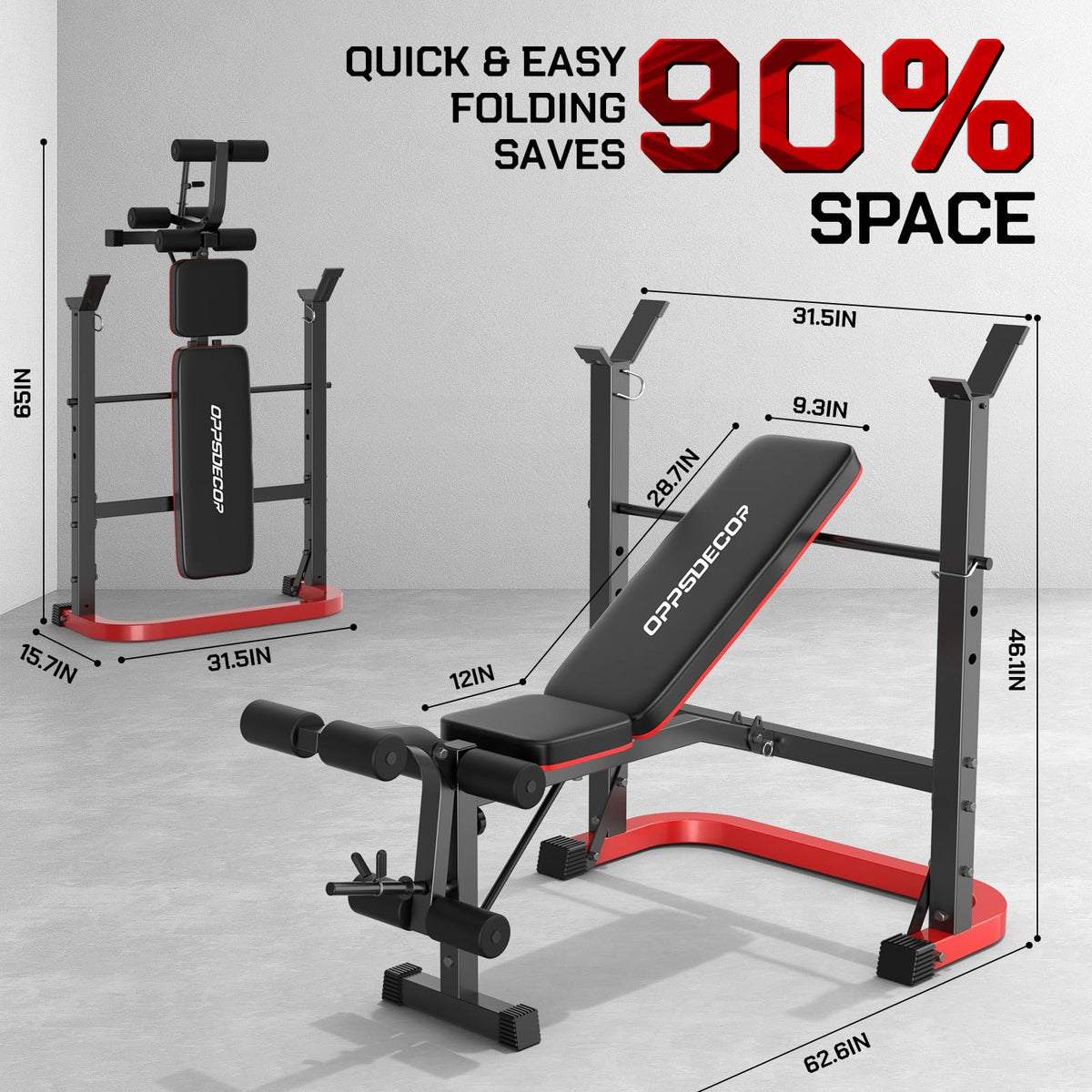 OPPSDECOR Foldable Weight Bench Set with Leg Extension and Curl, Squat Rack