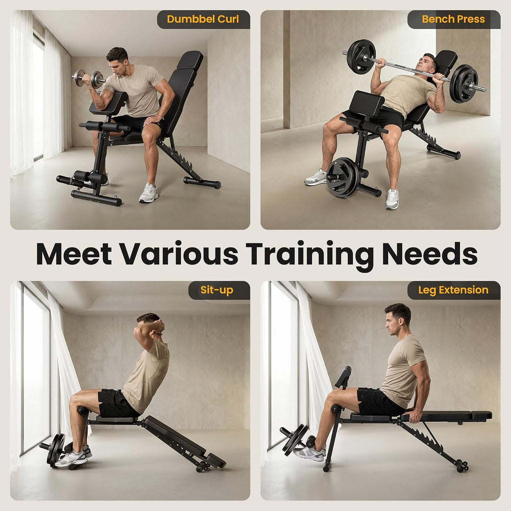 Steelite Adjustable Weight Bench for Home Gym, Foldable Workout Bench with Leg Extension and Leg Curl, 770 LBS Multi-Function Preacher Curl Weight Bench for Full Body Training Fitness, Incline Decline Flat Sit Up Bench Home Gym Equipment with Wheels for B