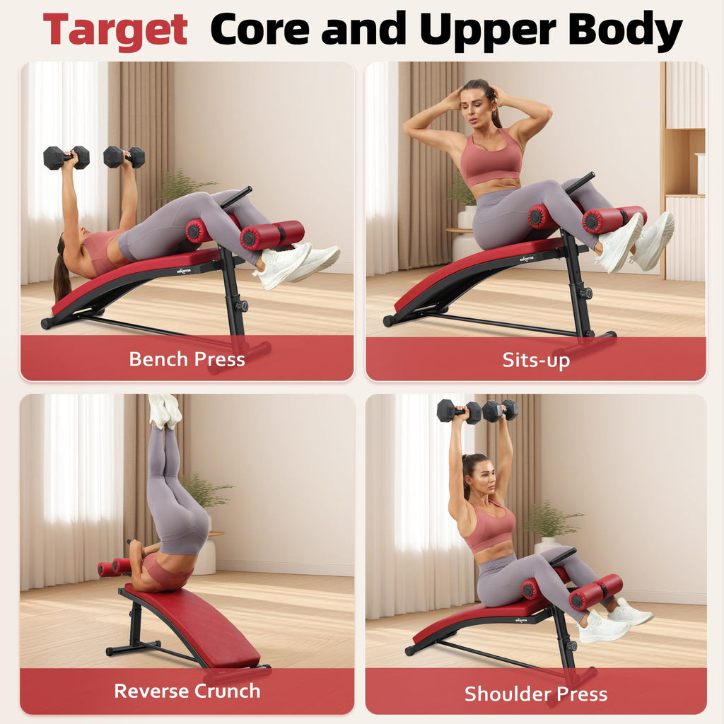 BODY RHYTHM Sit Up Bench with 4 Adjustable Heights and Reverse Crunch Handle, Curved Ab Workout Bench for Home Gym, Adjustable Weight Bench for Core Workouts and Decline Bench Press, Suitable for Individuals Up to 5.9ft Tall.
