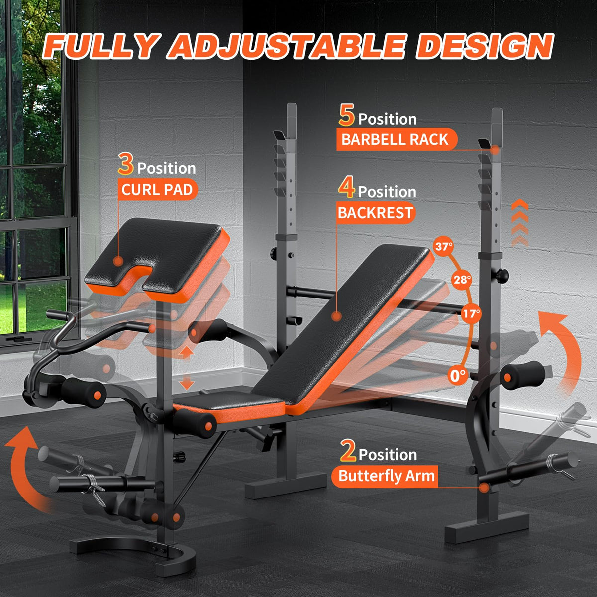 Fostoy Adjustable Weight Bench with Barbell Rack & Incline Design