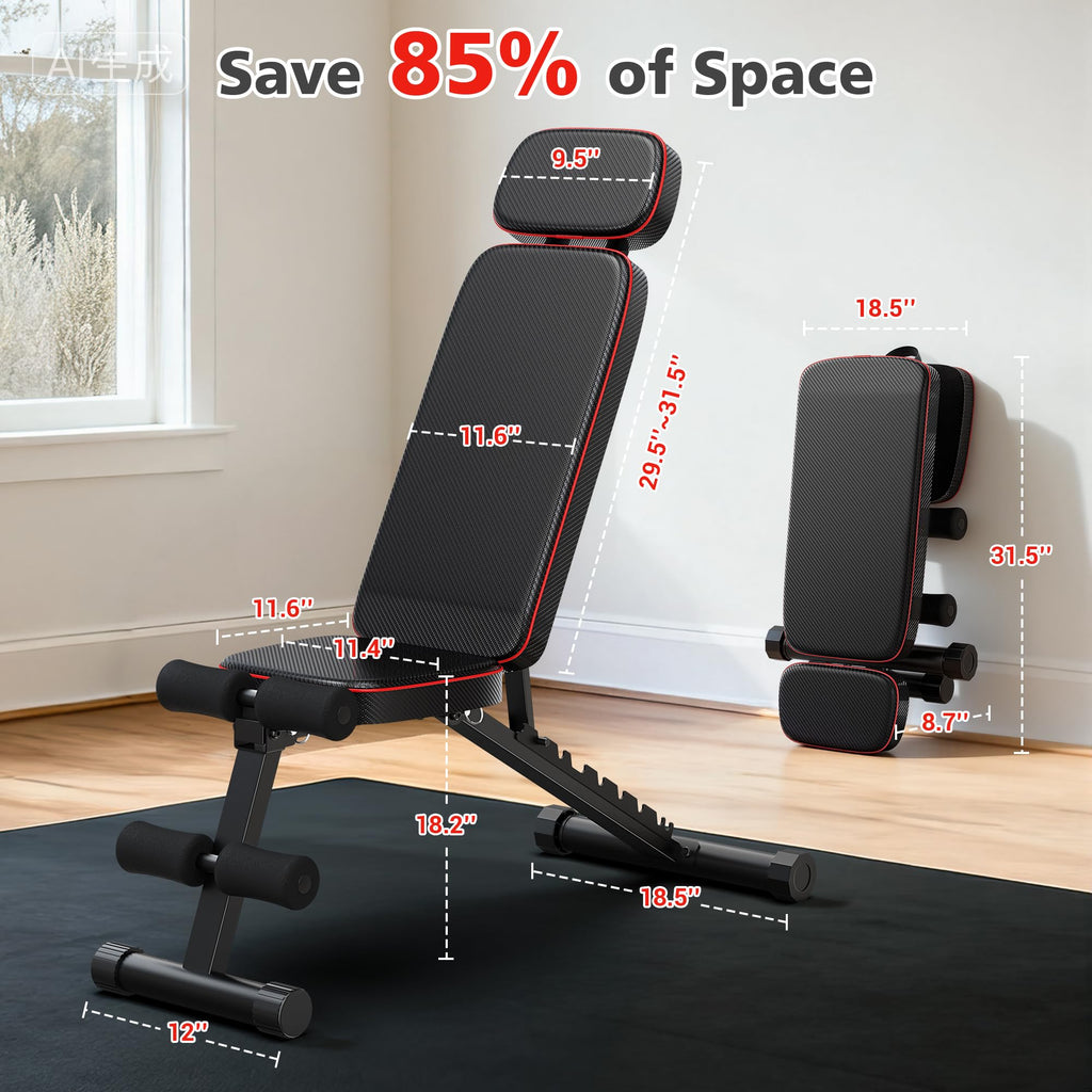 XDDIAS Workout Bench, 10 Backrests Adjustable Weight Bench with Extended Headrest, 800LBS Foldable Weight Bench for Home Gym, Incline Decline Flat Bench Compact for Small Space Training