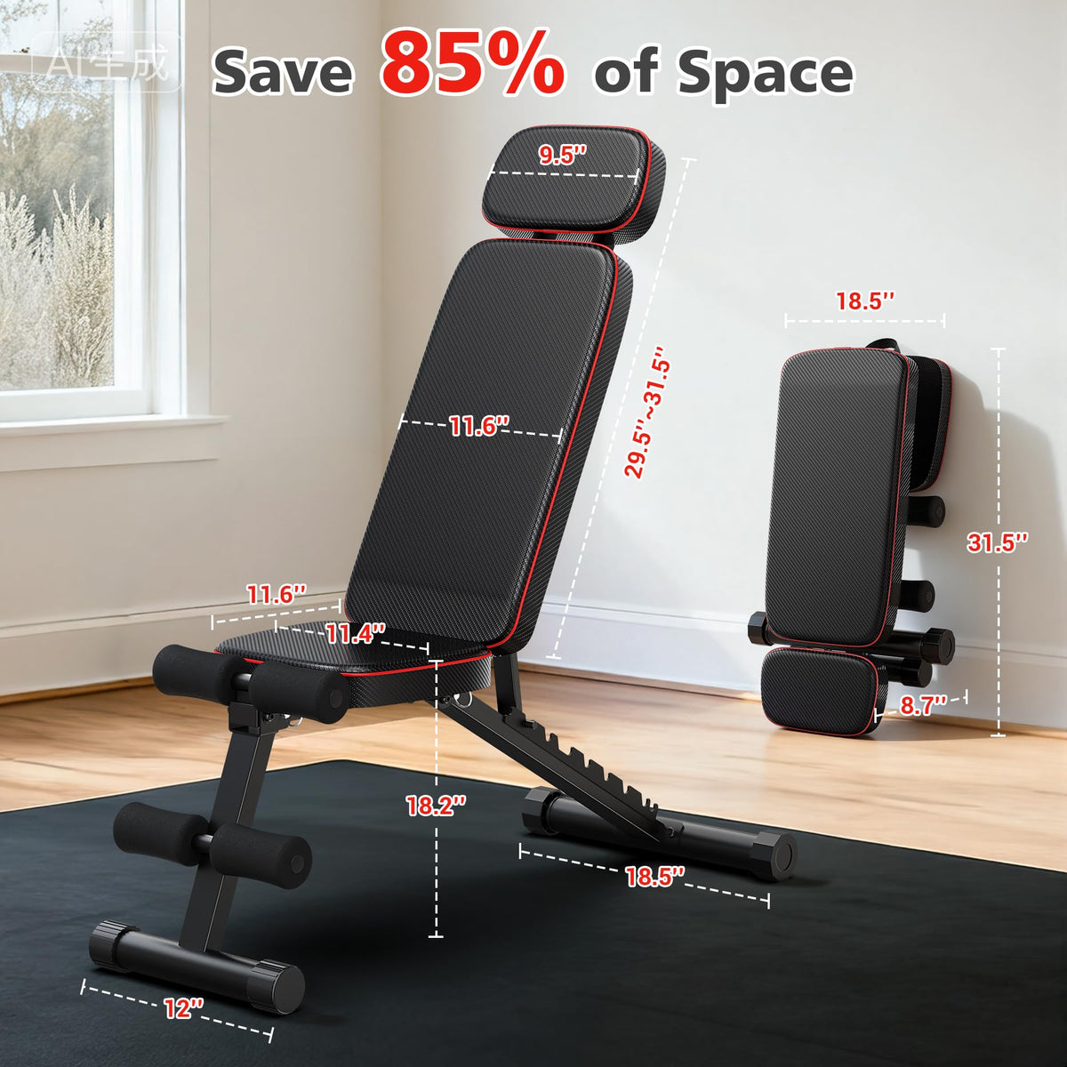 XDDIAS Workout Bench, 10 Backrests Adjustable Weight Bench with Extended Headrest, 800LBS Foldable Weight Bench for Home Gym, Incline Decline Flat Bench Compact for Small Space Training