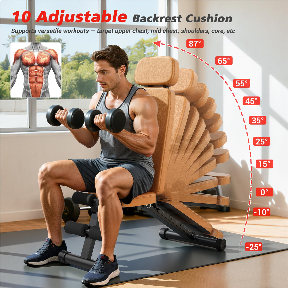 XDDIAS Workout Bench, 10 Backrests Adjustable Weight Bench with Extended Headrest, 800LBS Foldable Weight Bench for Home Gym, Incline Decline Flat Bench Compact for Small Space Training