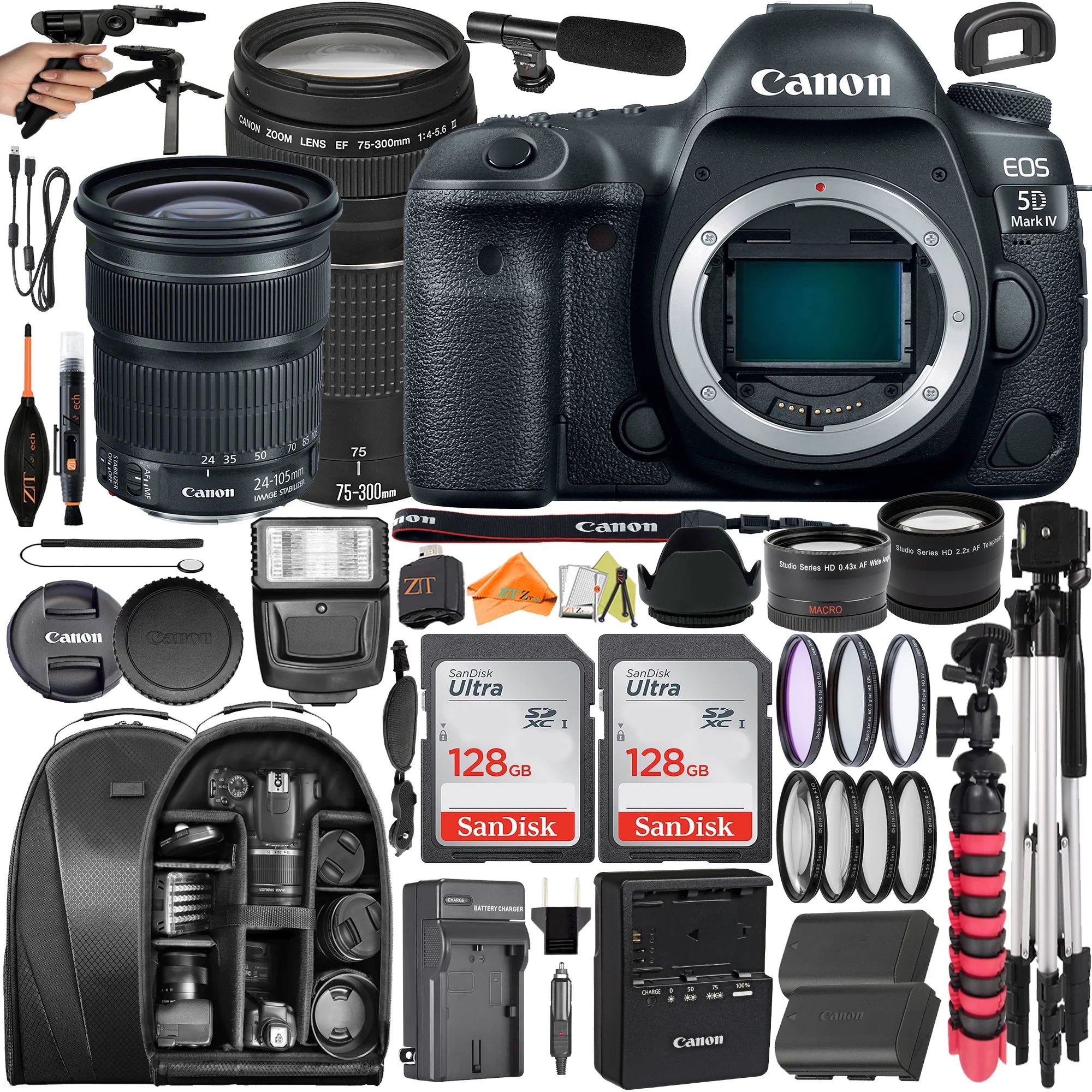 Canon EOS 5D Mark IV DSLR Camera with 24-105mm + 75-300mm Lens + 2 Pack SanDisk 128GB + Backpack + ZeeTech Accessory Bundle