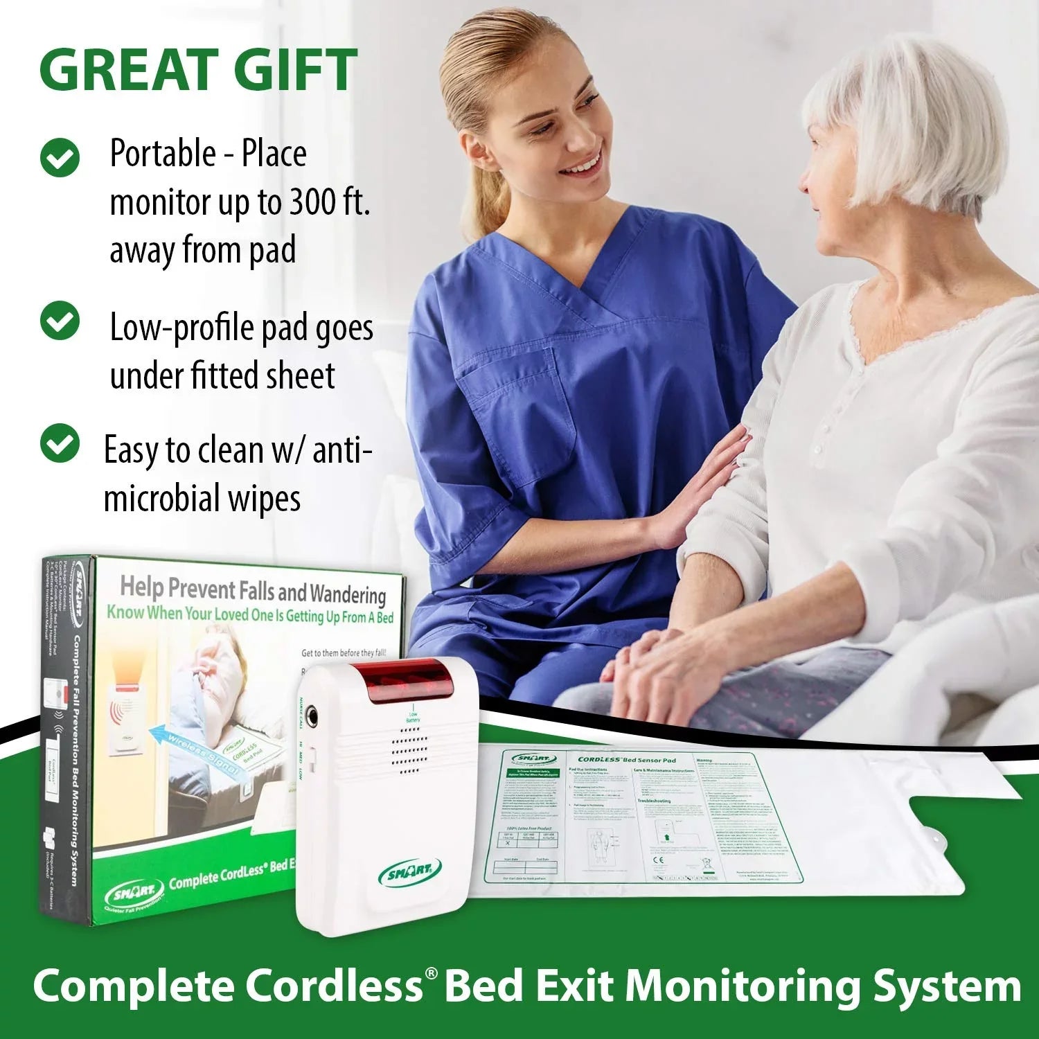 Smart Caregiver Cordless Bed Exit Monitoring System Alarm with Bed Pressure Sensing Pad - Help Prevent Falls and Wandering While Edge 2 Piece Set
