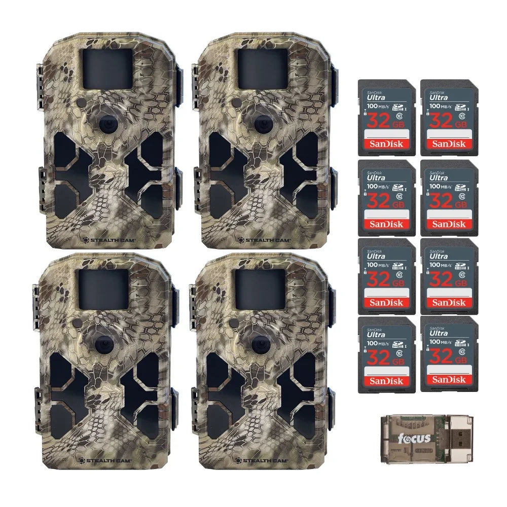 Stealth Cam 2022 G42NG 32MP No-Glow Trail Cameras, Kryptek, & Cards Kit (4-Pack)