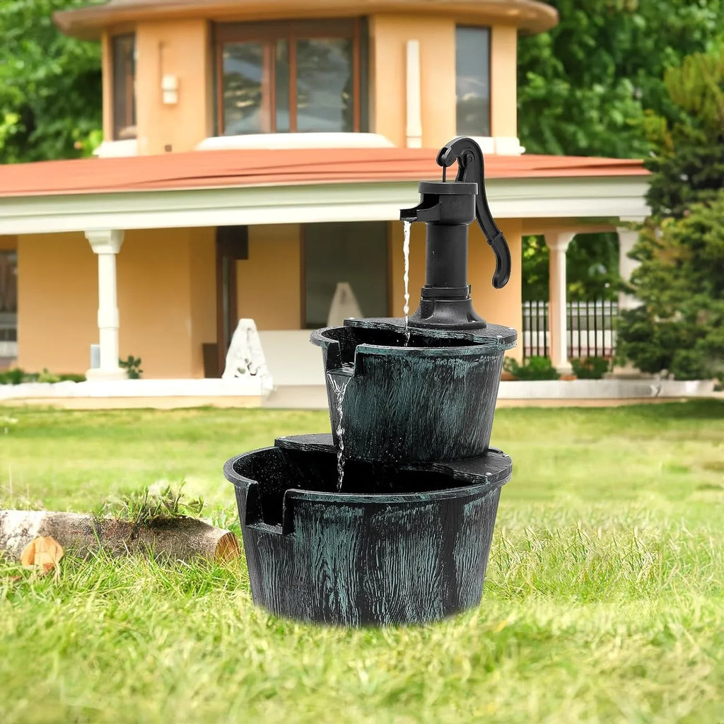 2-Tier Outdoor Water Fountain Freestanding Rustic Cascading Waterfall Fountain With Electric Pump For Garden Patio Backyard Porch Decor, Teal Blue