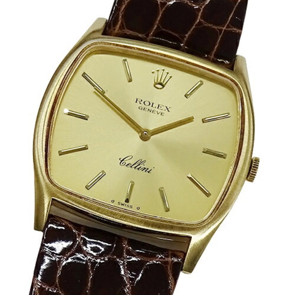 Authenticated Used ROLEX Cellini 3805 Cal.1600 watch People hand winding 750YG leather gold brown polished
